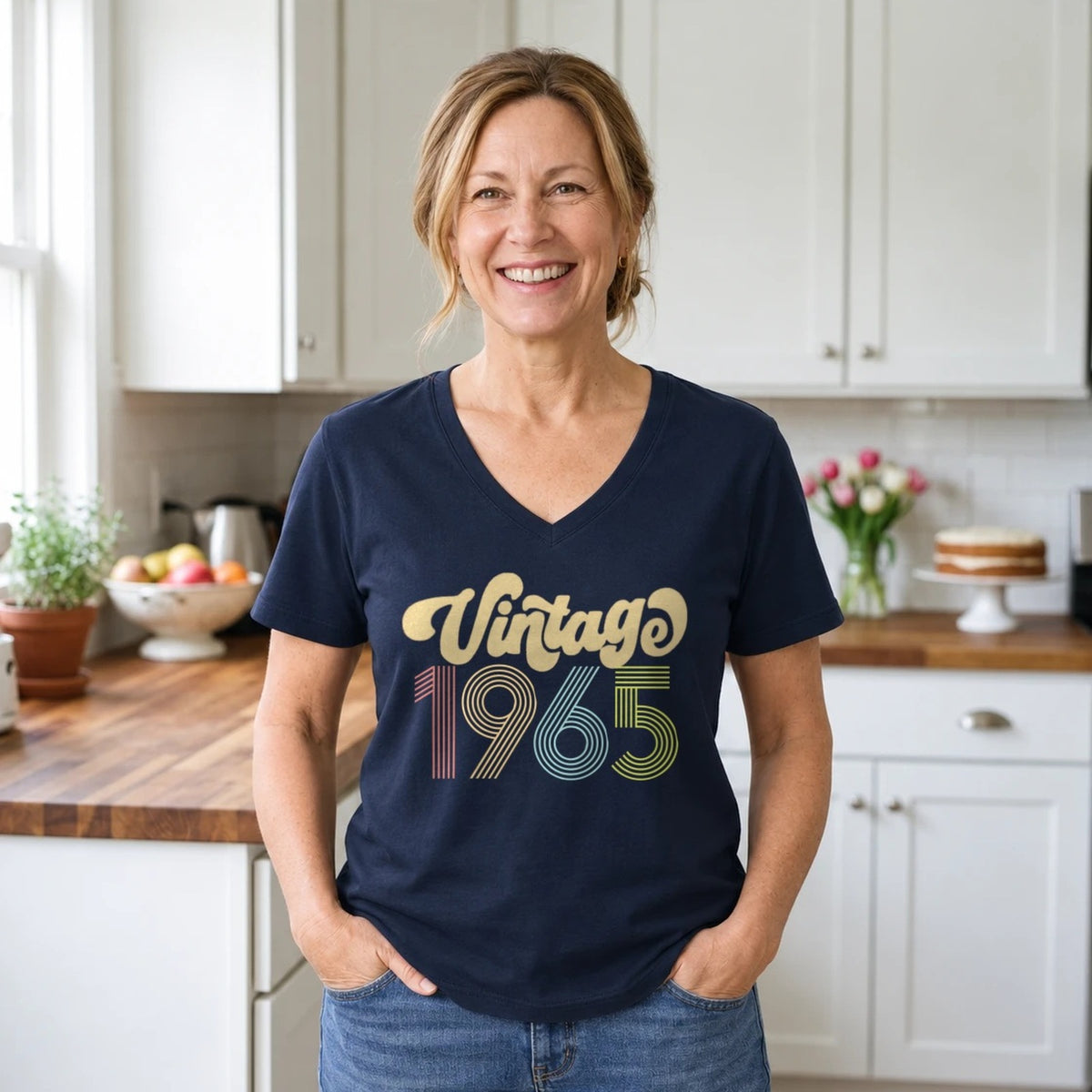 Vintage 1965 - Retro 61st Birthday T-Shirt for Women - Navy Blue V-Neck