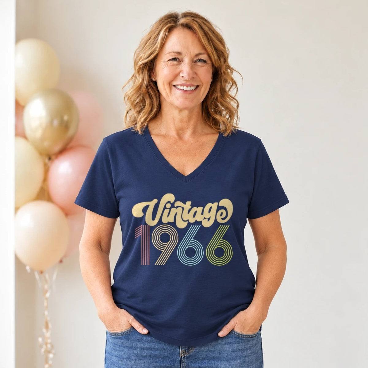 Vintage 1966 - Retro 60th Birthday T-Shirt for Women - Navy Blue V-Neck