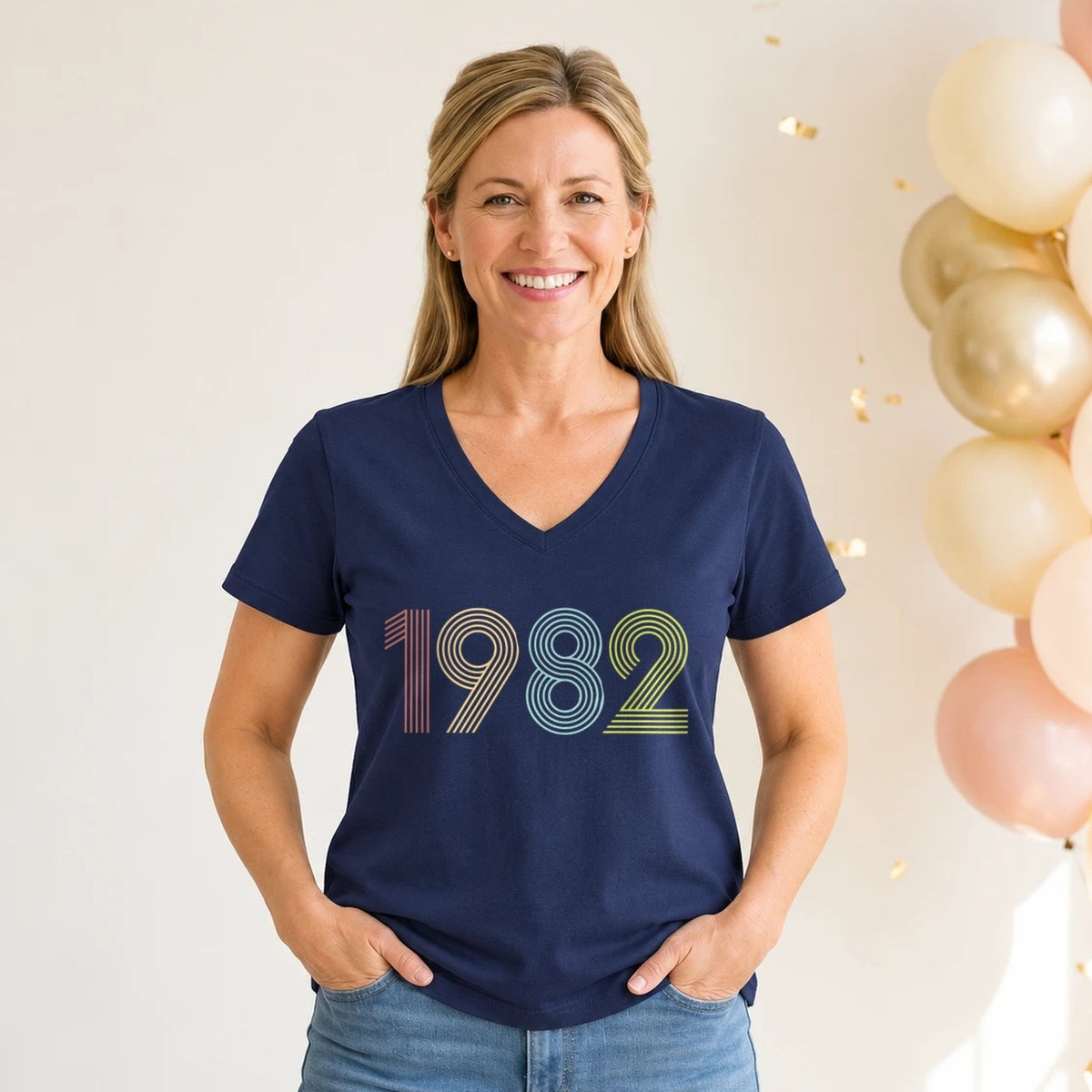 1982 Birth Year Shirt - Retro 44th Birthday T-Shirt for Women - Navy Blue V-Neck