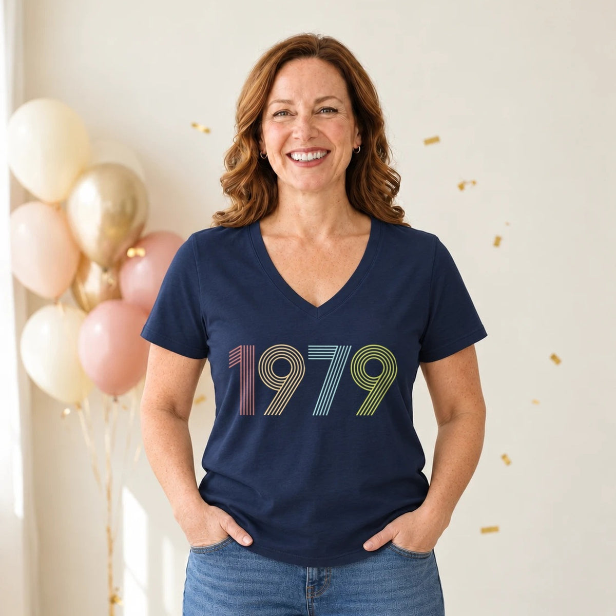 1979 Birth Year Shirt - Retro 47th Birthday T-Shirt for Women - Navy Blue V-Neck