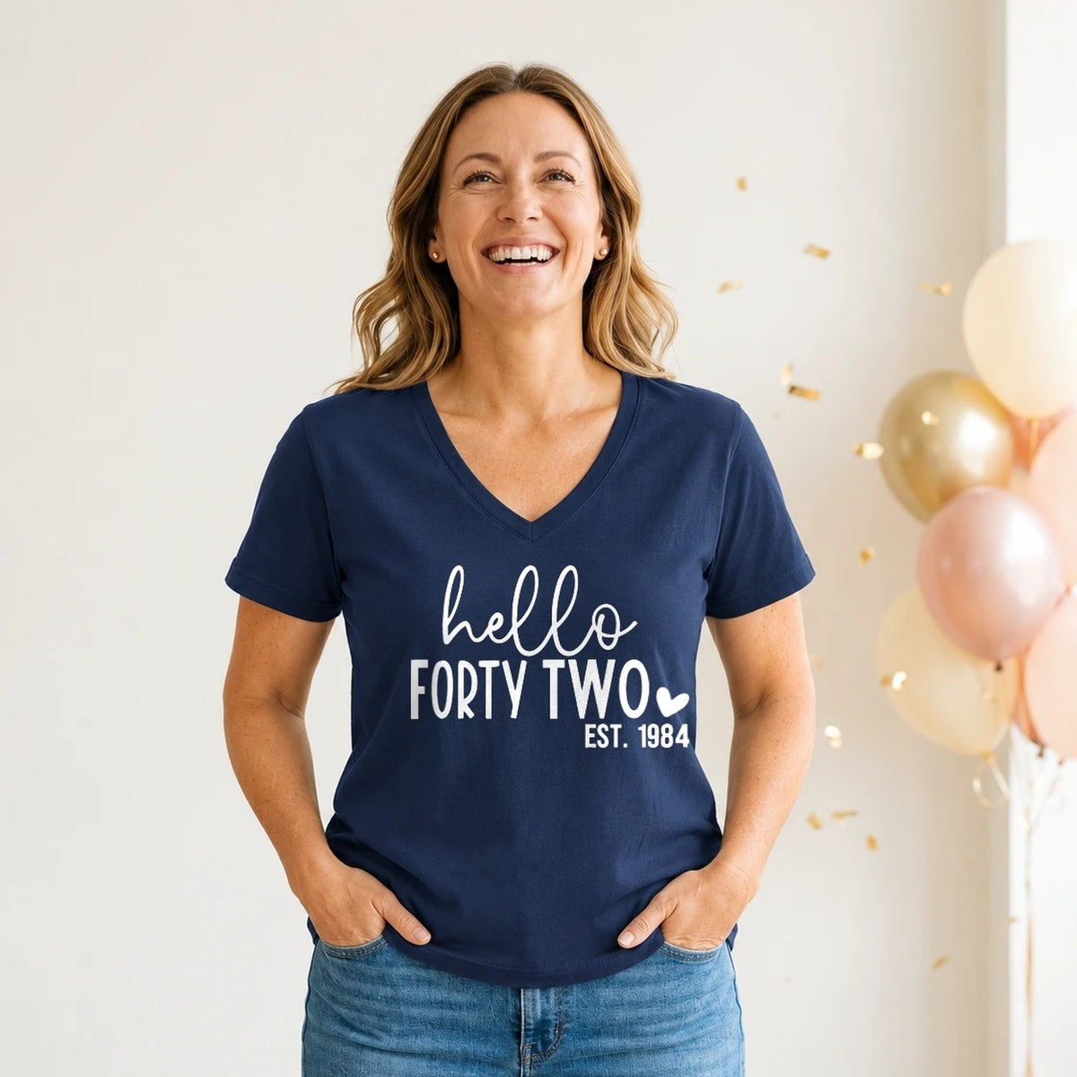 Hello Forty-Two 42nd Birthday T-Shirt for Women - Est. 1984 - Navy Blue V-Neck