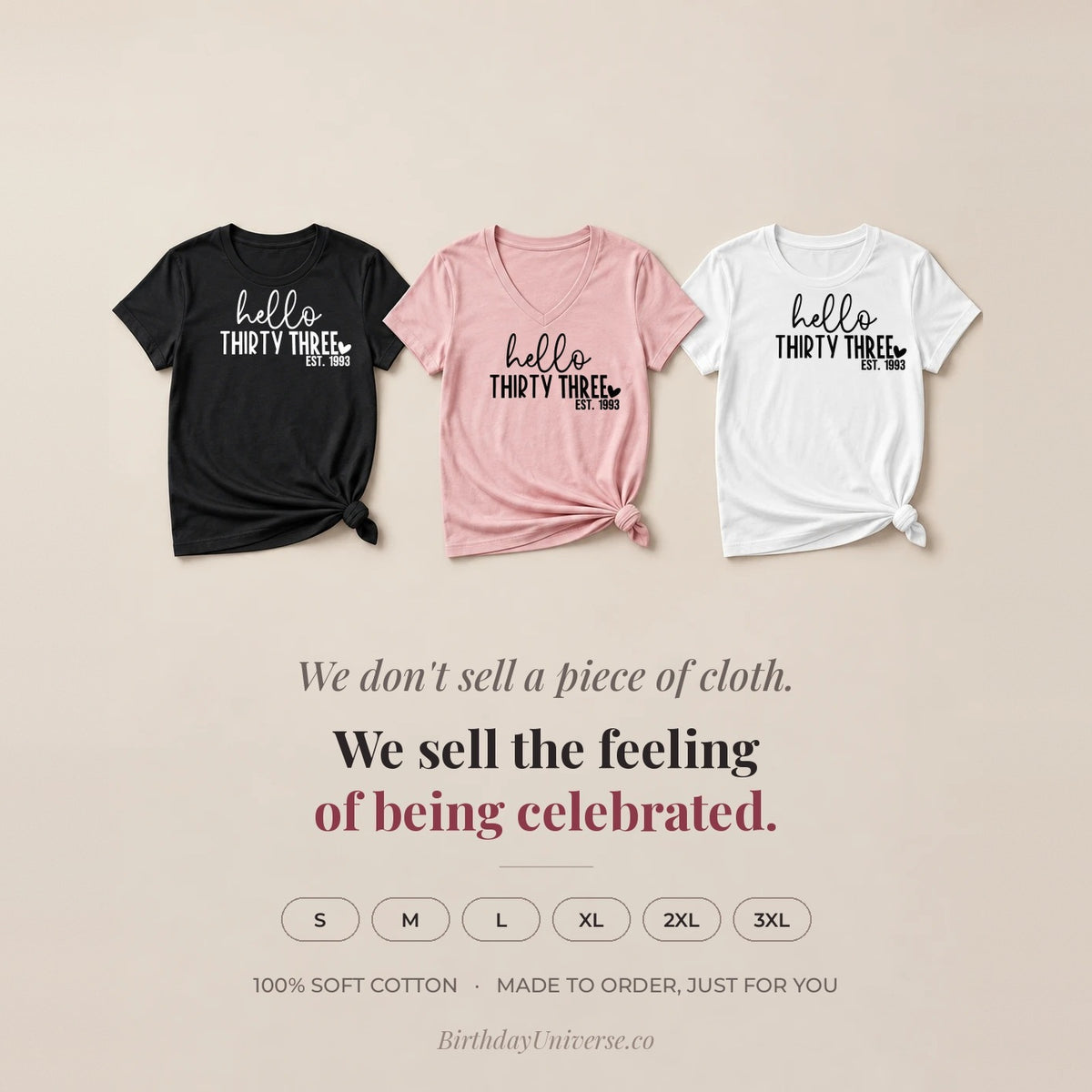 Hello Thirty-Three 33rd Birthday T-Shirt for Women - Est. 1993 - Flat Lay