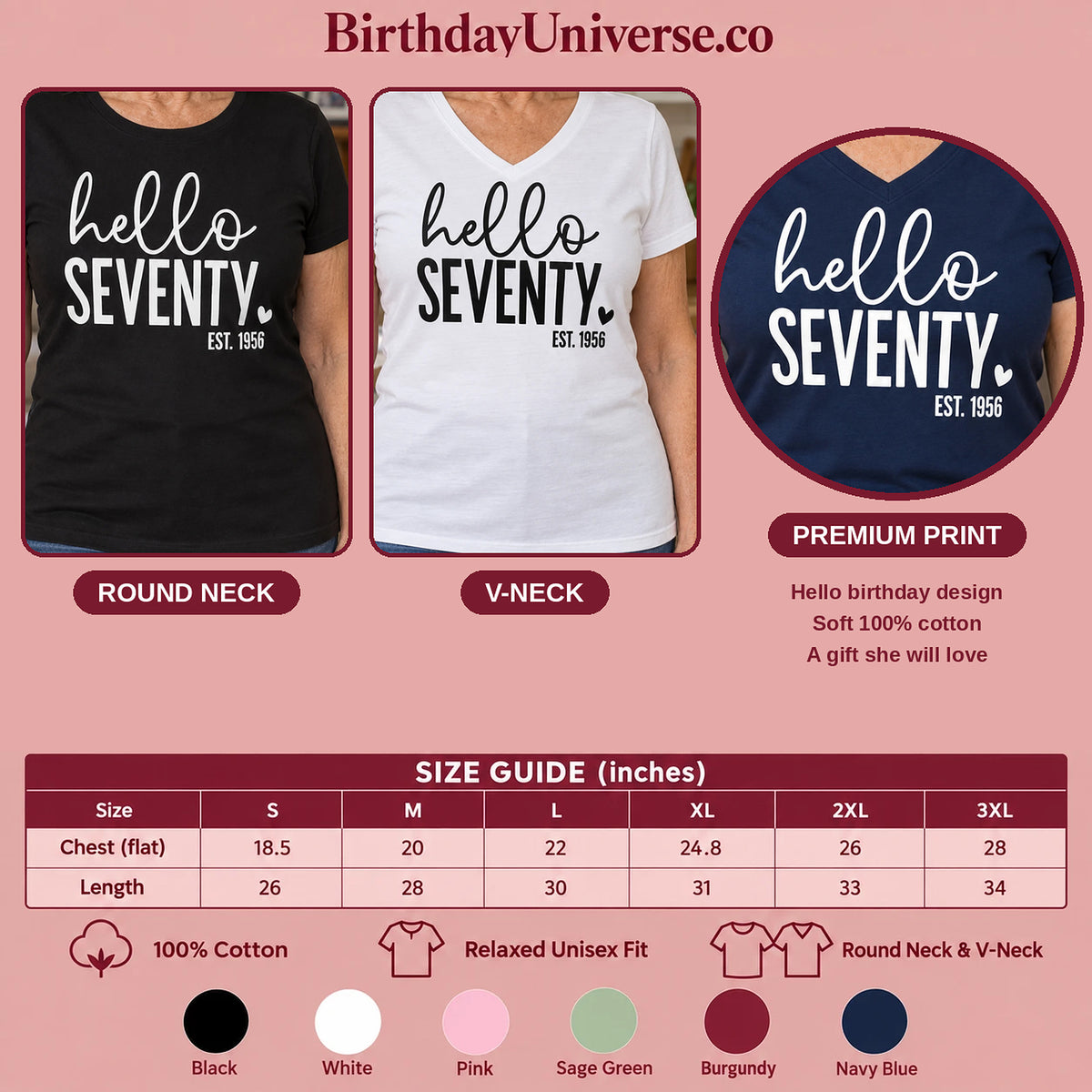Hello Seventy 70th Birthday T-Shirt for Women - Est. 1956 - Size Guide and Colors