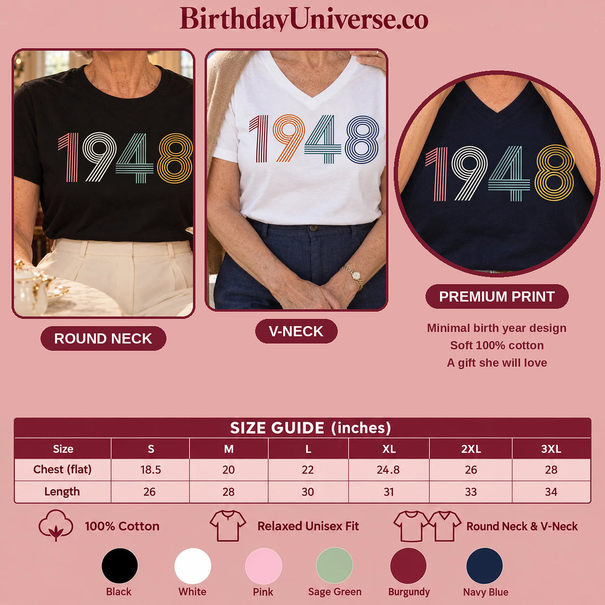 1948 Birth Year Shirt - Retro 78th Birthday T-Shirt for Women - Size Guide and Colors