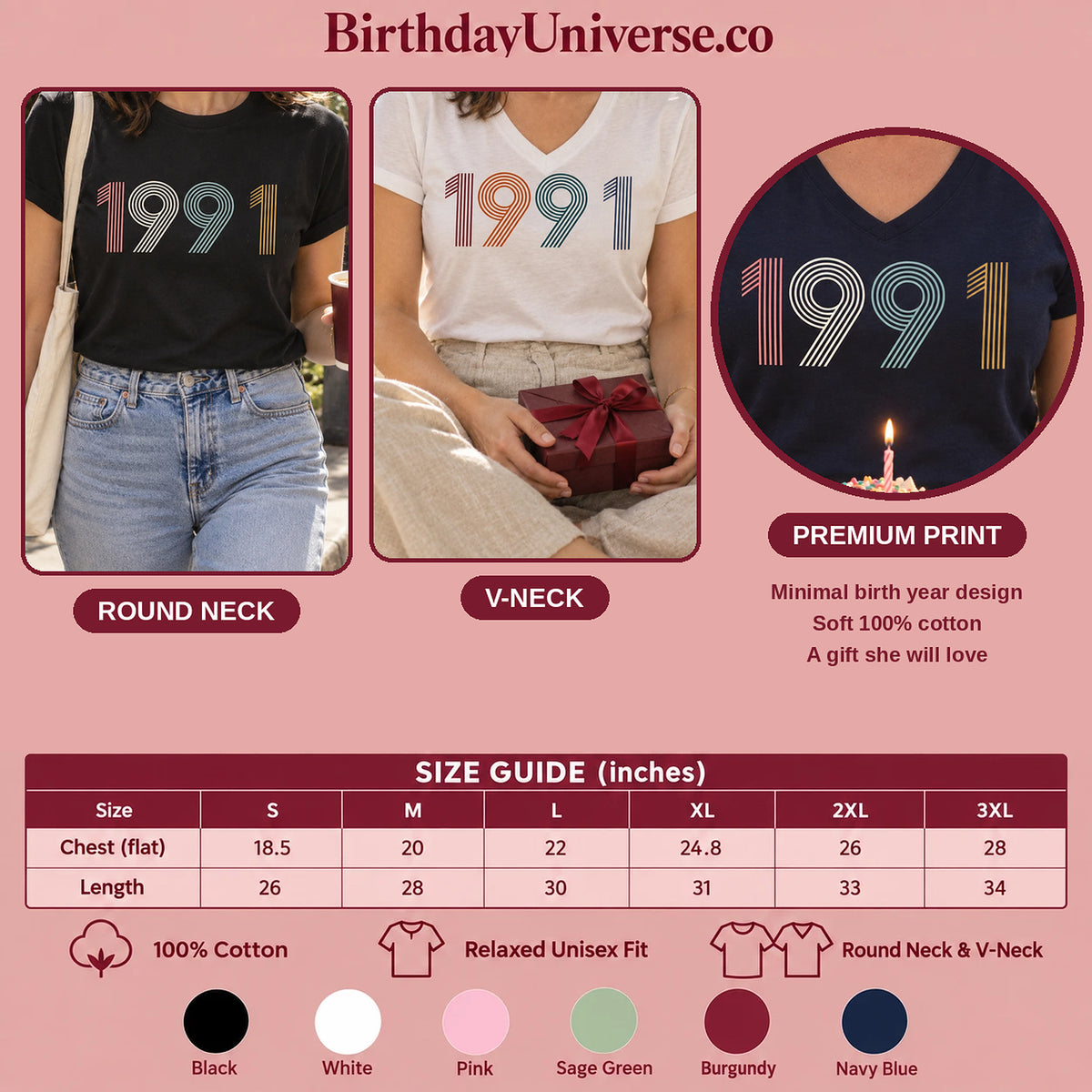 1991 Birth Year Shirt - Retro 35th Birthday T-Shirt for Women - Size Guide and Colors