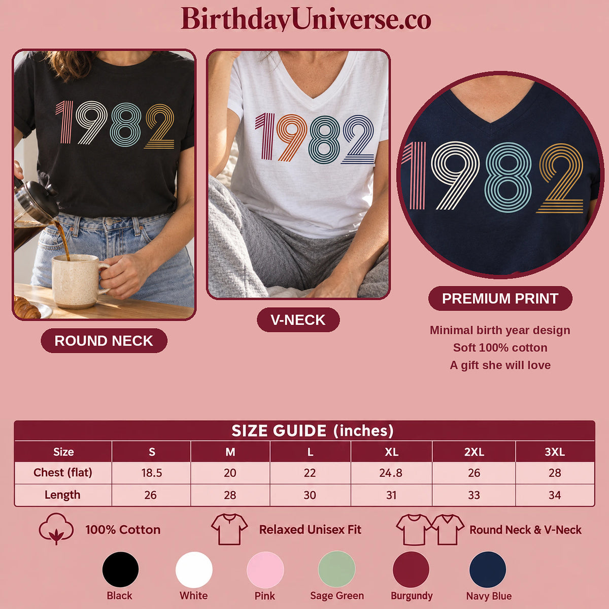 1982 Birth Year Shirt - Retro 44th Birthday T-Shirt for Women - Size Guide and Colors