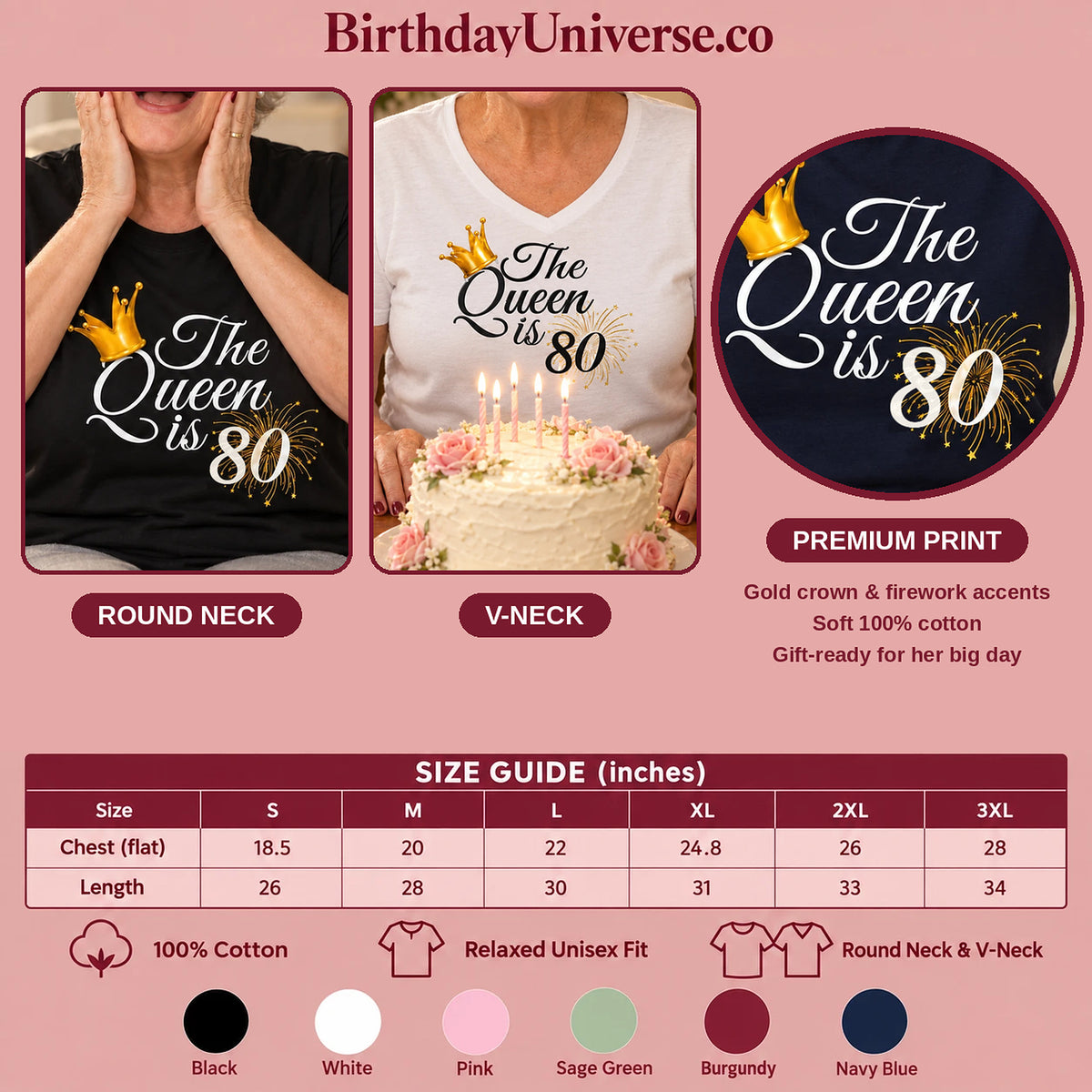 The Queen Is 80 - 80th Birthday Queen T-Shirt for Women - Size Guide and Colors