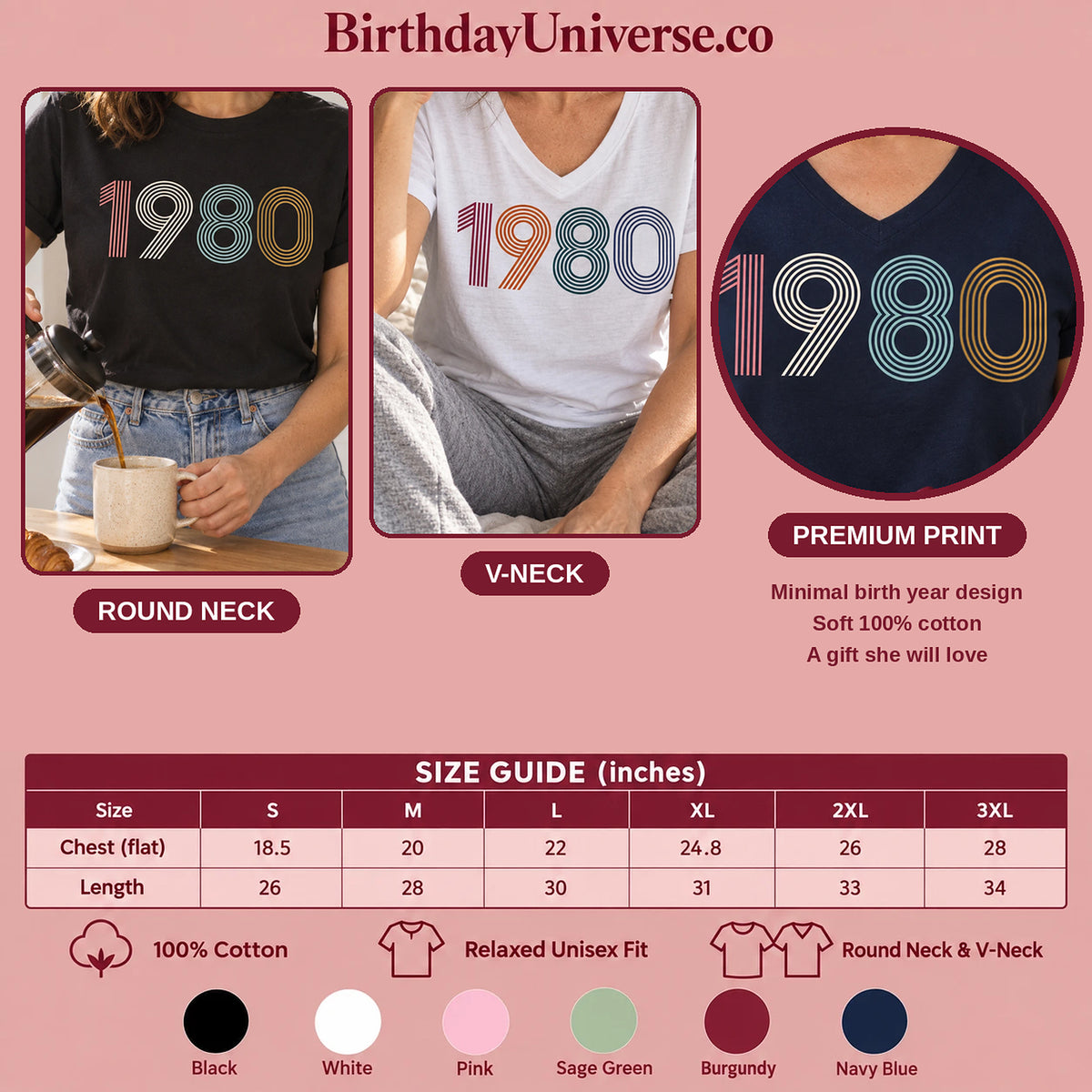 1980 Birth Year Shirt - Retro 46th Birthday T-Shirt for Women - Size Guide and Colors