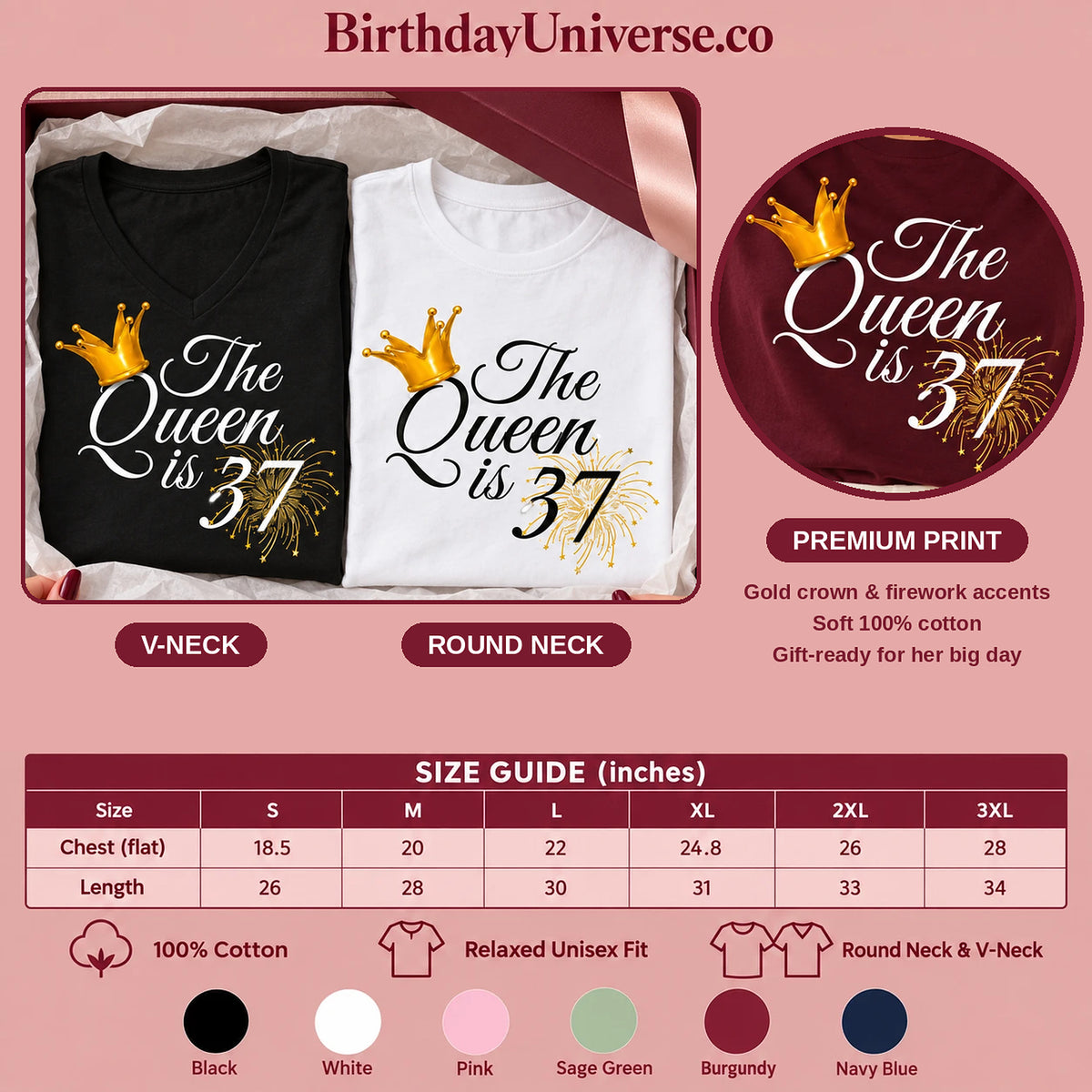 The Queen Is 37 - 37th Birthday Queen T-Shirt for Women - Size Guide and Colors