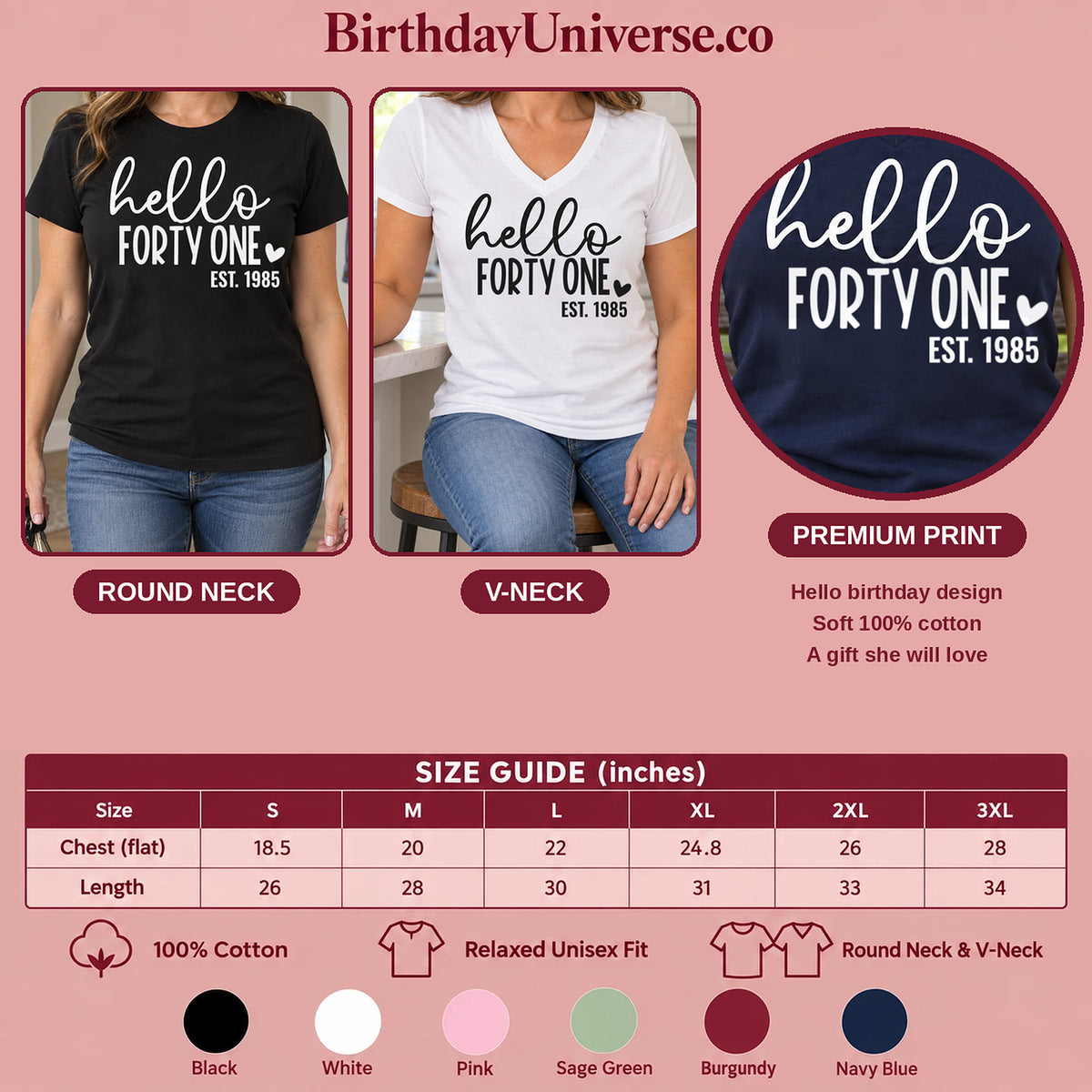 Hello Forty-One 41st Birthday T-Shirt for Women - Est. 1985 - Size Guide and Colors