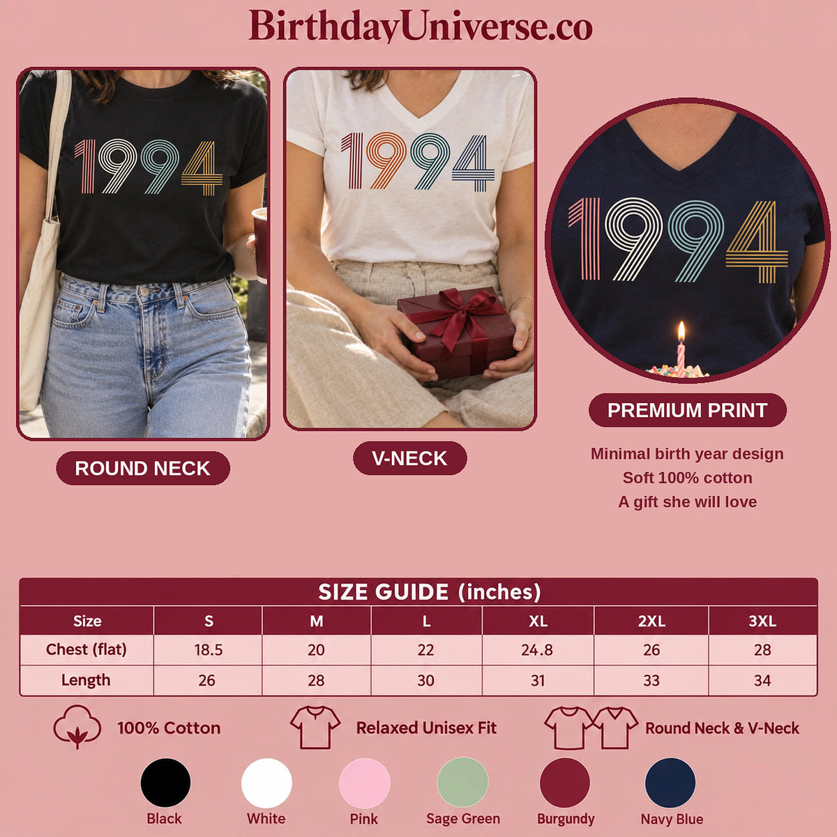 1994 Birth Year Shirt - Retro 32nd Birthday T-Shirt for Women - Size Guide and Colors