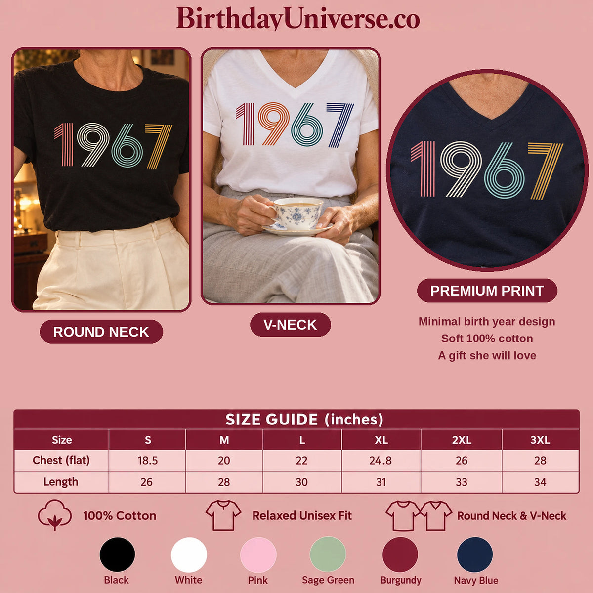 1967 Birth Year Shirt - Retro 59th Birthday T-Shirt for Women - Size Guide and Colors