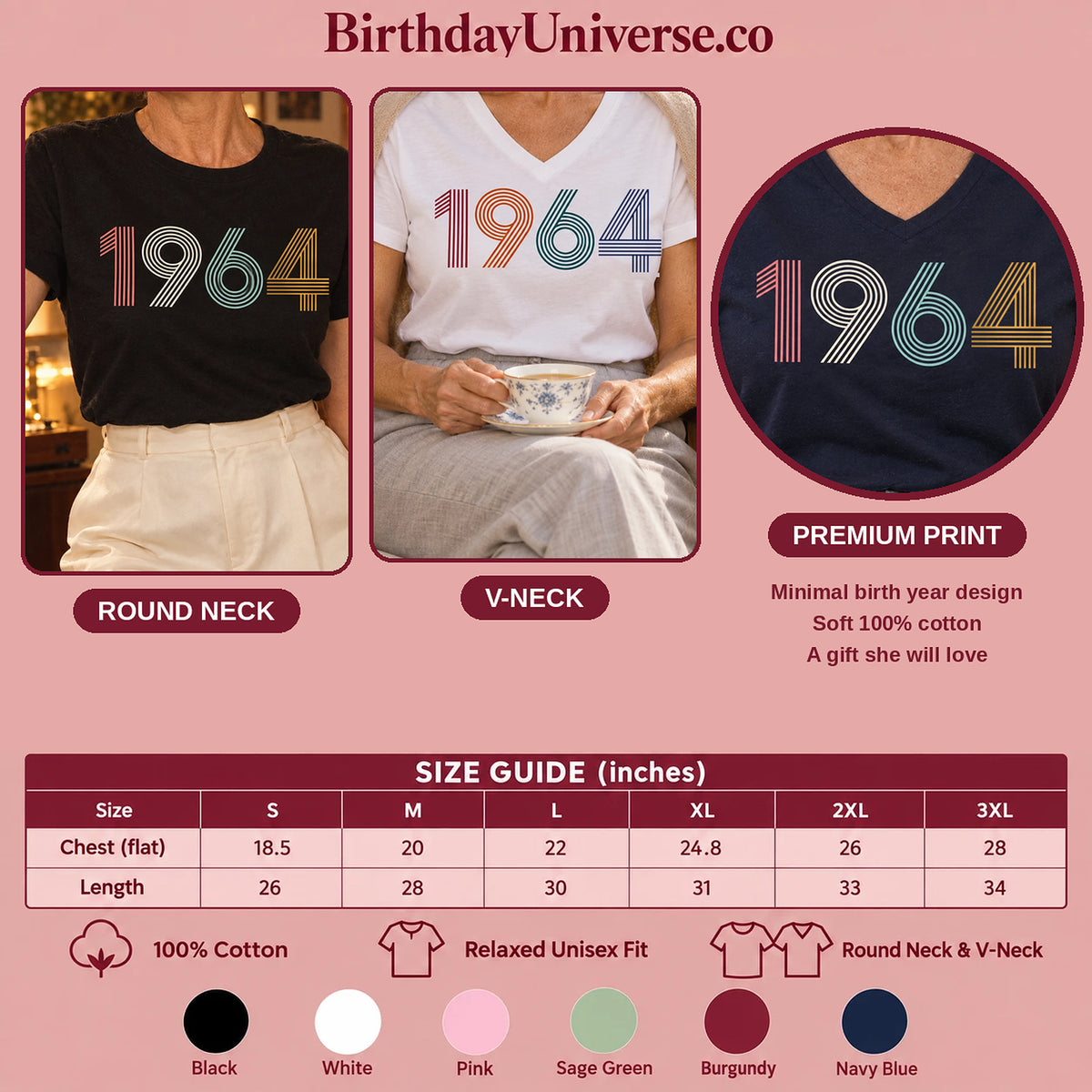 1964 Birth Year Shirt - Retro 62nd Birthday T-Shirt for Women - Size Guide and Colors