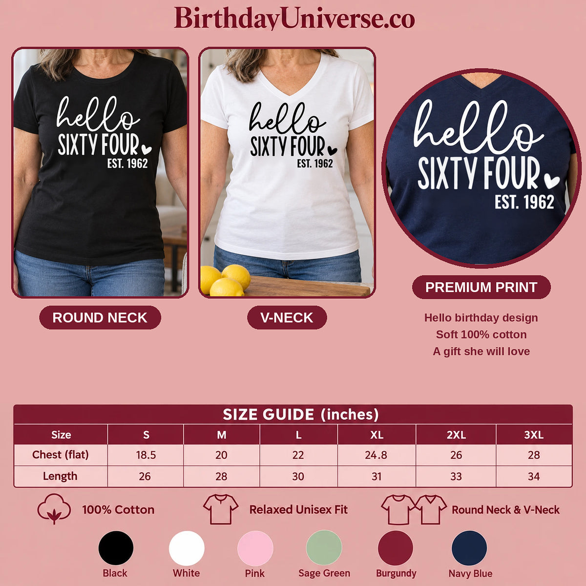 Hello Sixty-Four 64th Birthday T-Shirt for Women - Est. 1962 - Size Guide and Colors