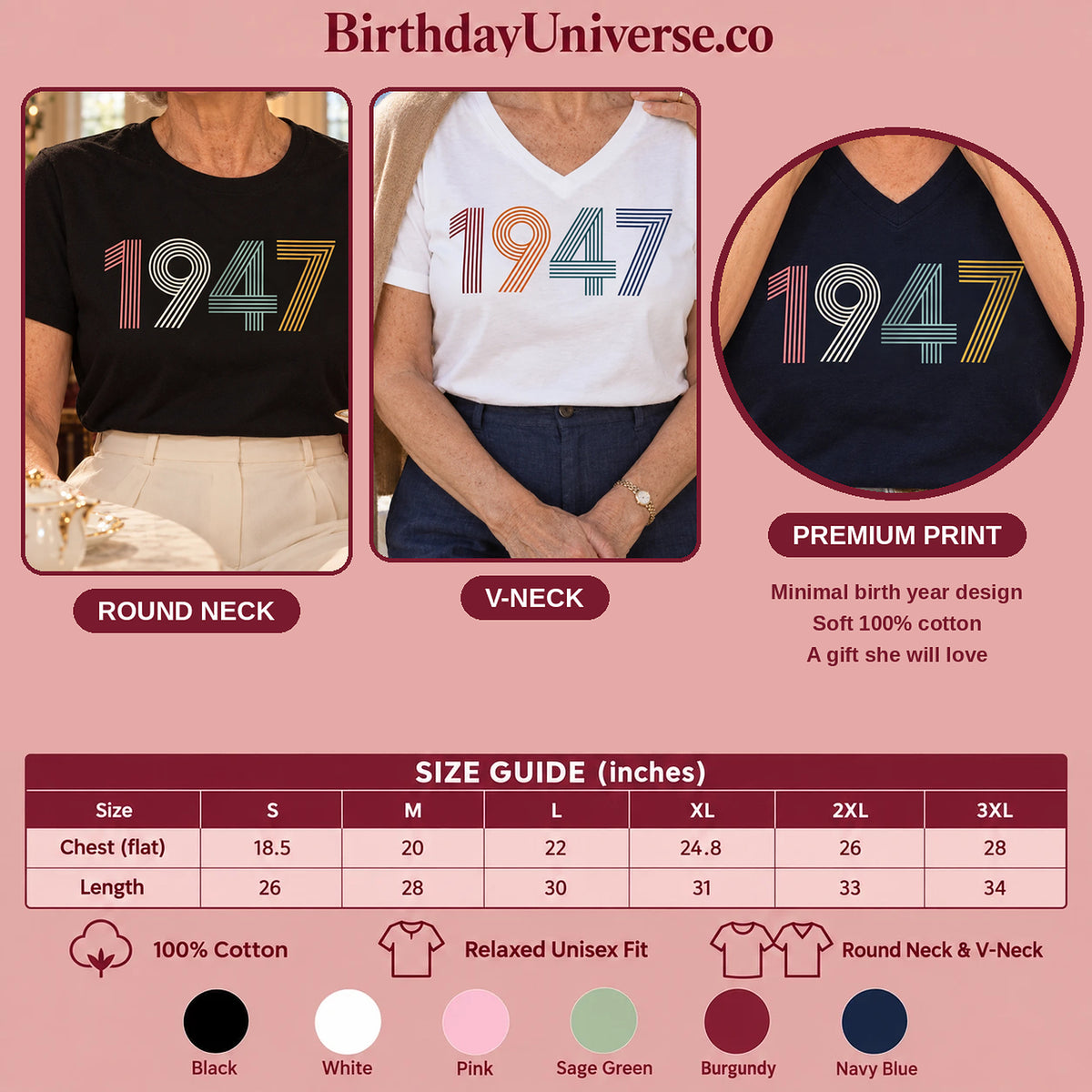 1947 Birth Year Shirt - Retro 79th Birthday T-Shirt for Women - Size Guide and Colors