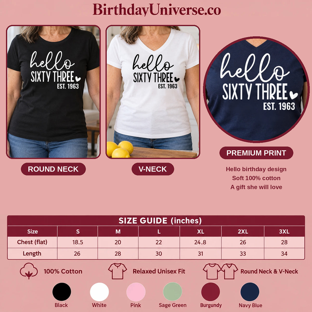 Hello Sixty-Three 63rd Birthday T-Shirt for Women - Est. 1963 - Size Guide and Colors