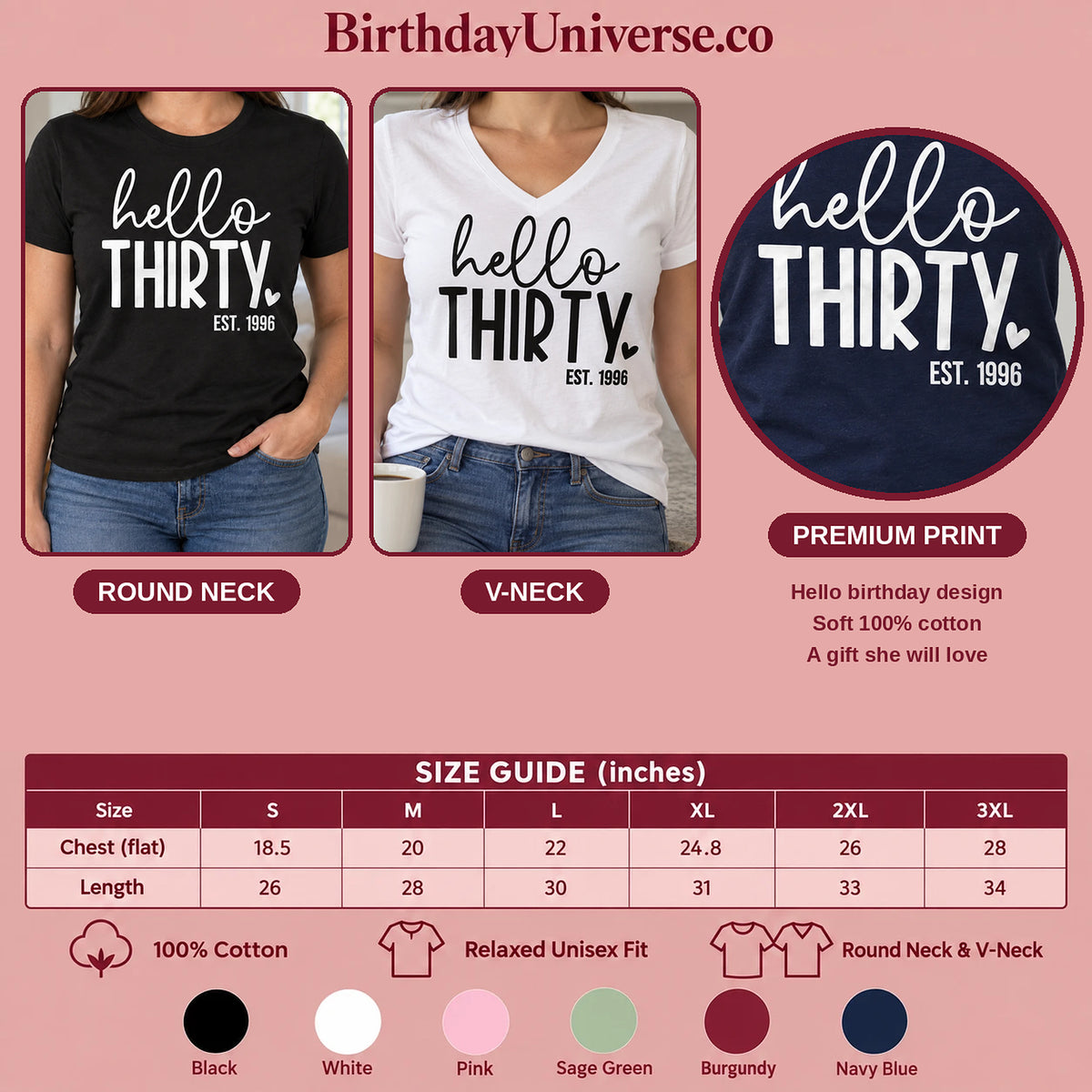 Hello Thirty 30th Birthday T-Shirt for Women - Est. 1996 - Size Guide and Colors