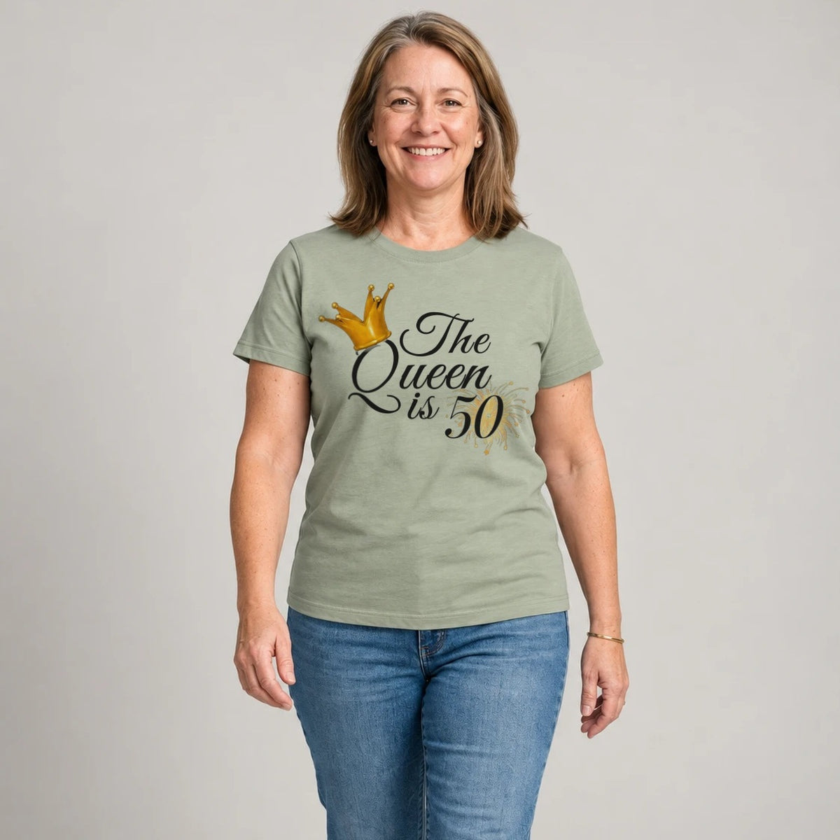 The Queen Is 50 - 50th Birthday Queen T-Shirt for Women - Sage Green Round Neck