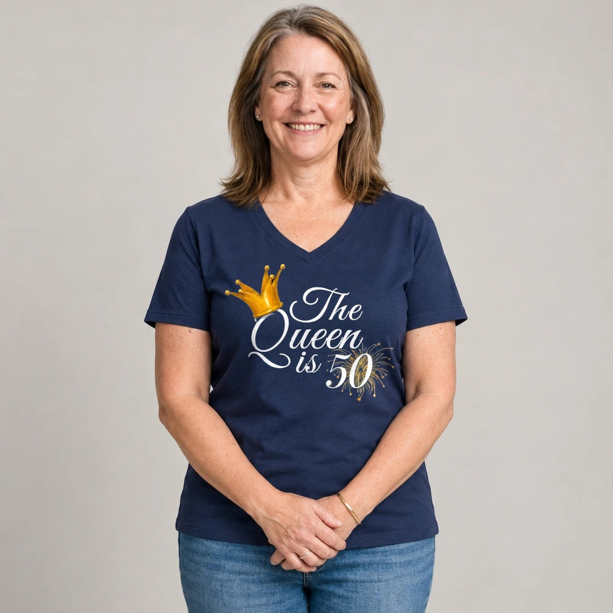 The Queen Is 50 - 50th Birthday Queen T-Shirt for Women - Navy Blue V-Neck