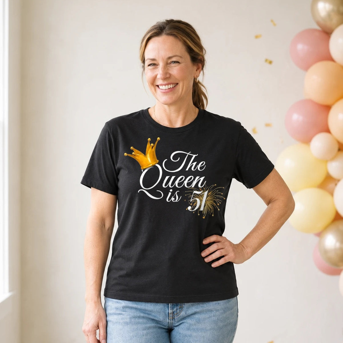 The Queen Is 51 - 51st Birthday Queen T-Shirt for Women - Black Round Neck