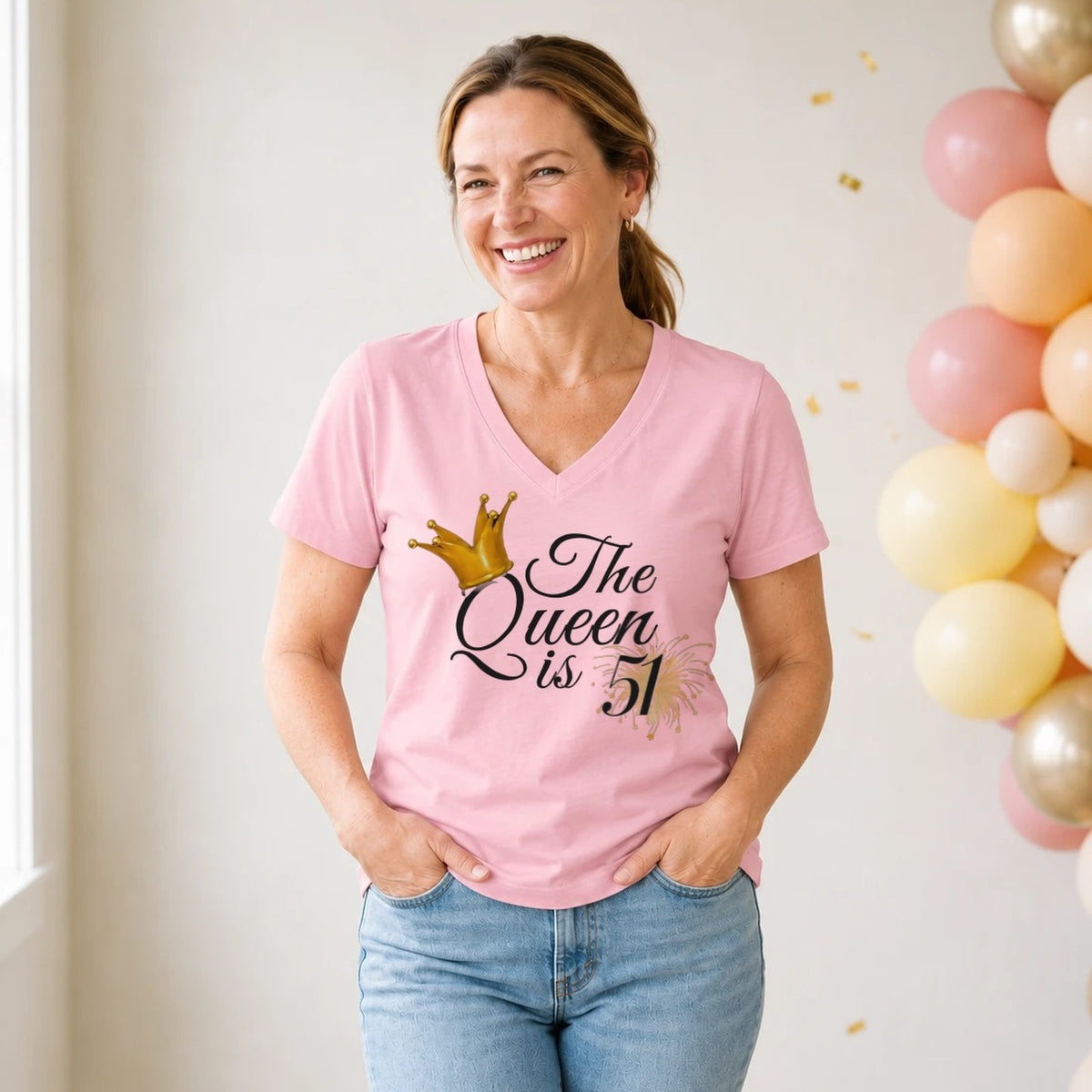 The Queen Is 51 - 51st Birthday Queen T-Shirt for Women - Blush Pink V-Neck