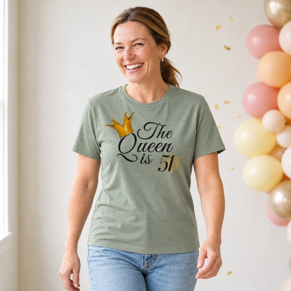 The Queen Is 51 - 51st Birthday Queen T-Shirt for Women - Sage Green Round Neck