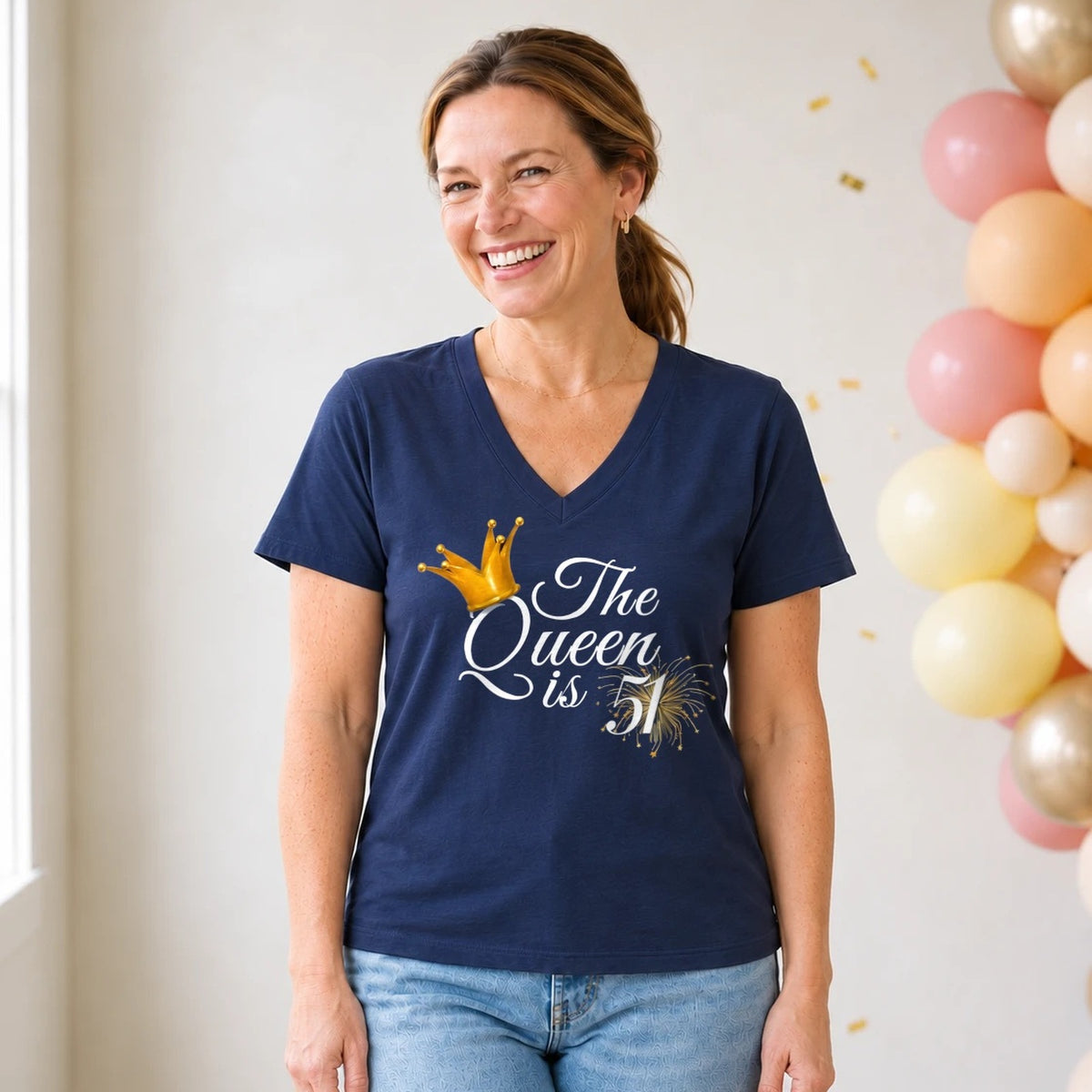 The Queen Is 51 - 51st Birthday Queen T-Shirt for Women - Navy Blue V-Neck