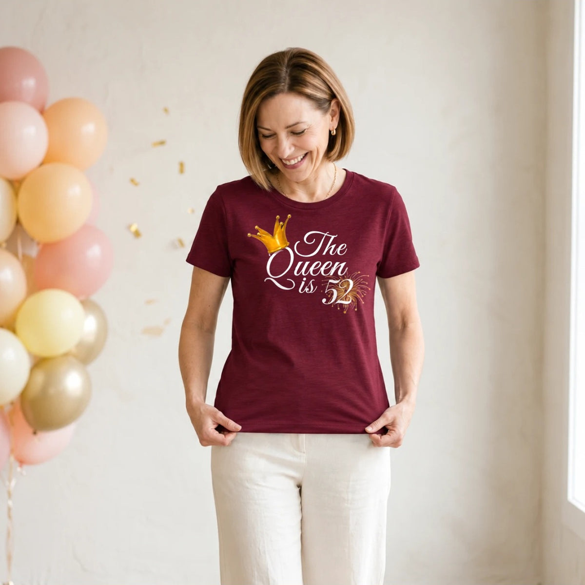 The Queen Is 52 - 52nd Birthday Queen T-Shirt for Women - Burgundy Round Neck