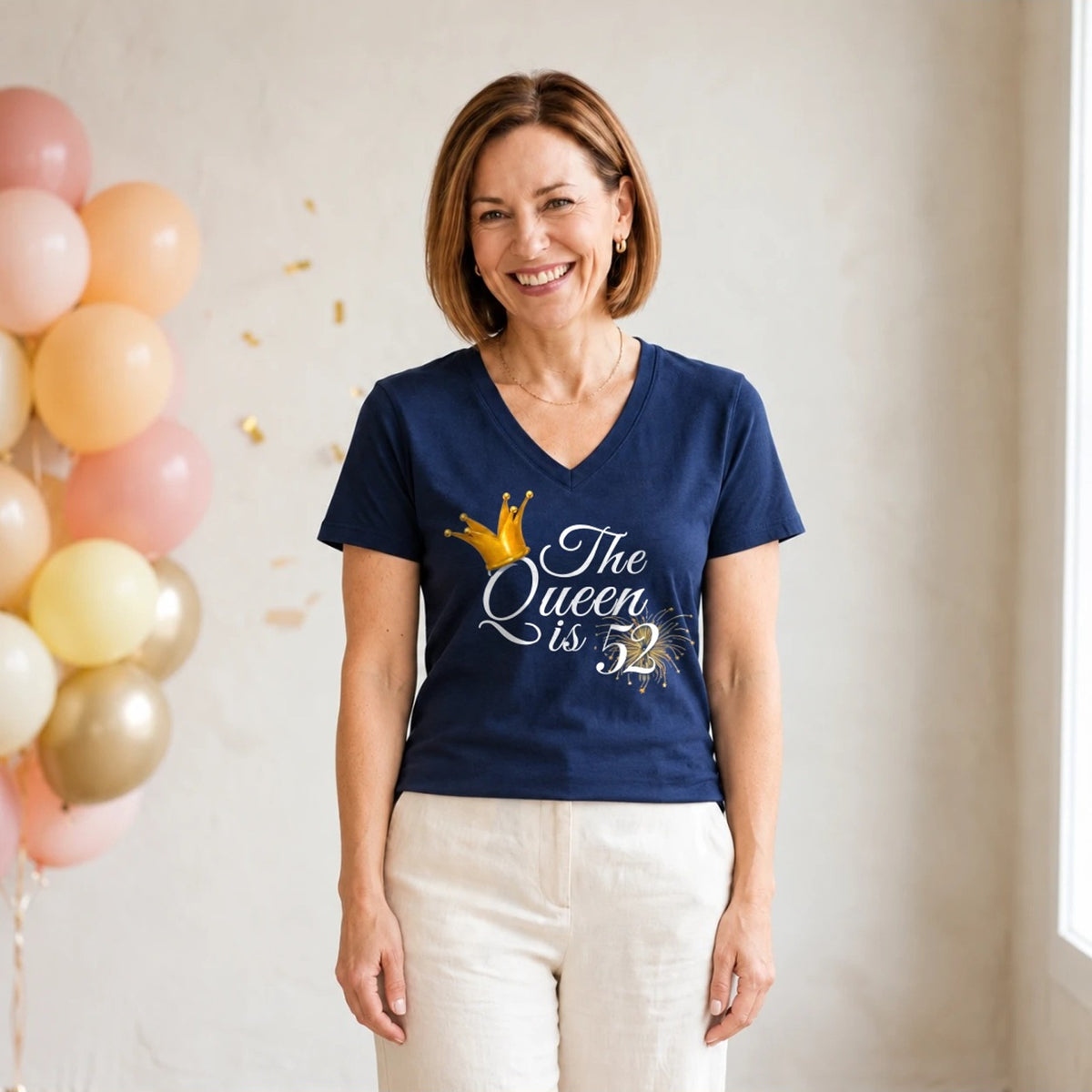 The Queen Is 52 - 52nd Birthday Queen T-Shirt for Women - Navy Blue V-Neck