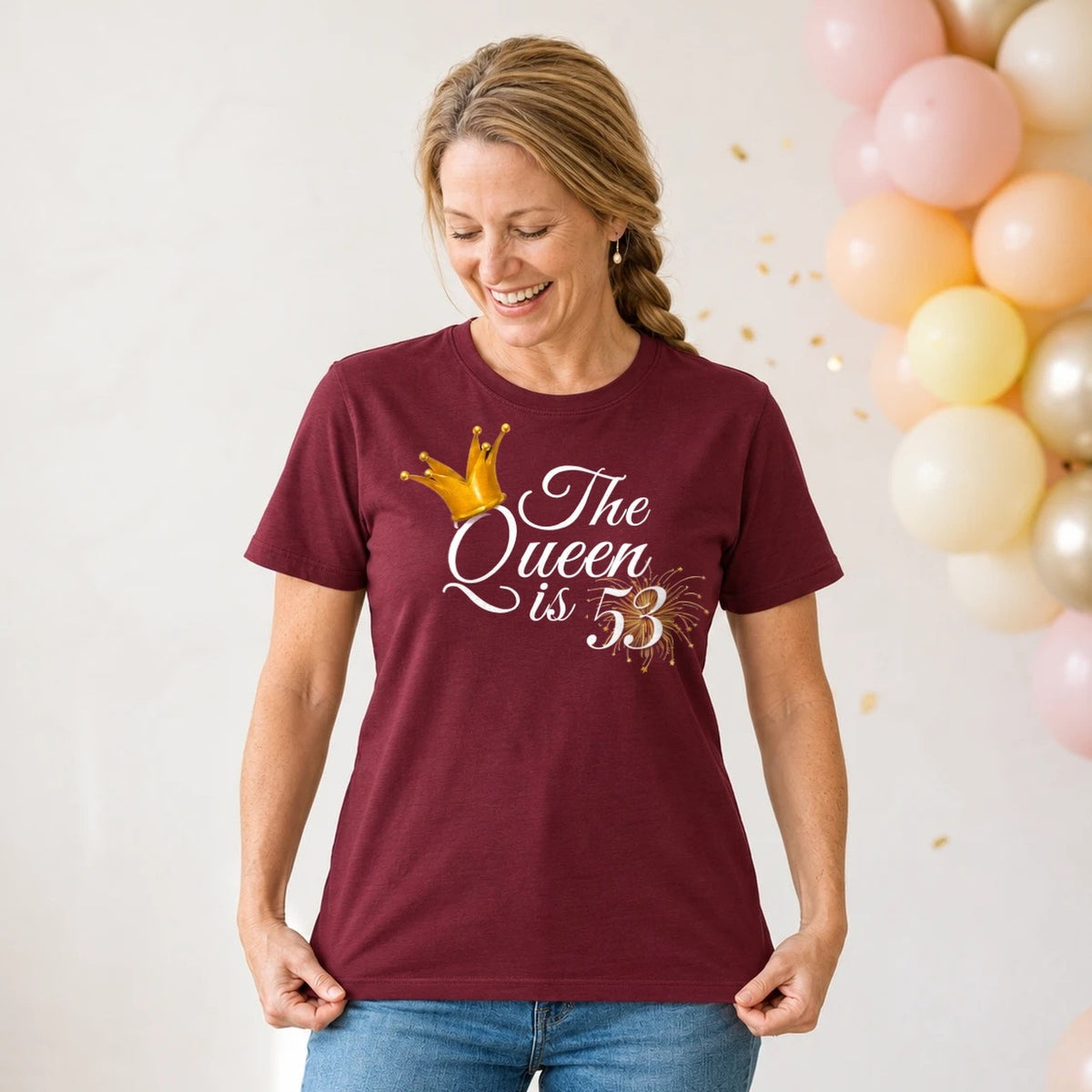 The Queen Is 53 - 53rd Birthday Queen T-Shirt for Women - Burgundy Round Neck