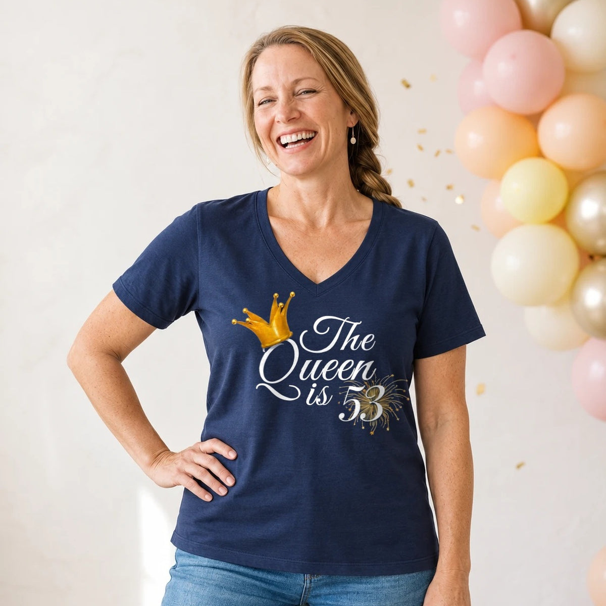The Queen Is 53 - 53rd Birthday Queen T-Shirt for Women - Navy Blue V-Neck