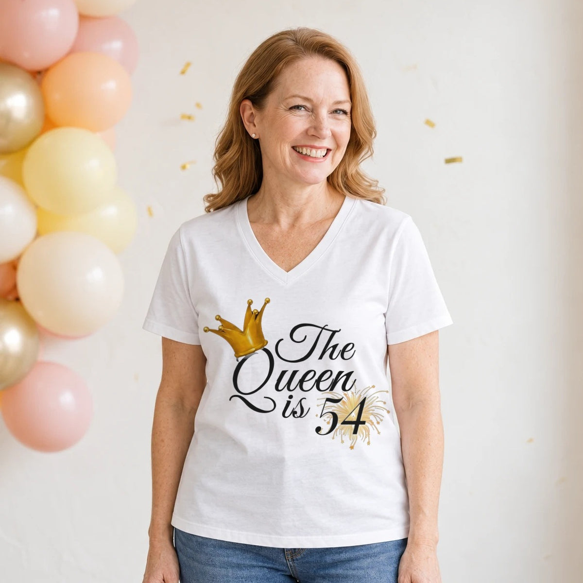 The Queen Is 54 - 54th Birthday Queen T-Shirt for Women - White V-Neck