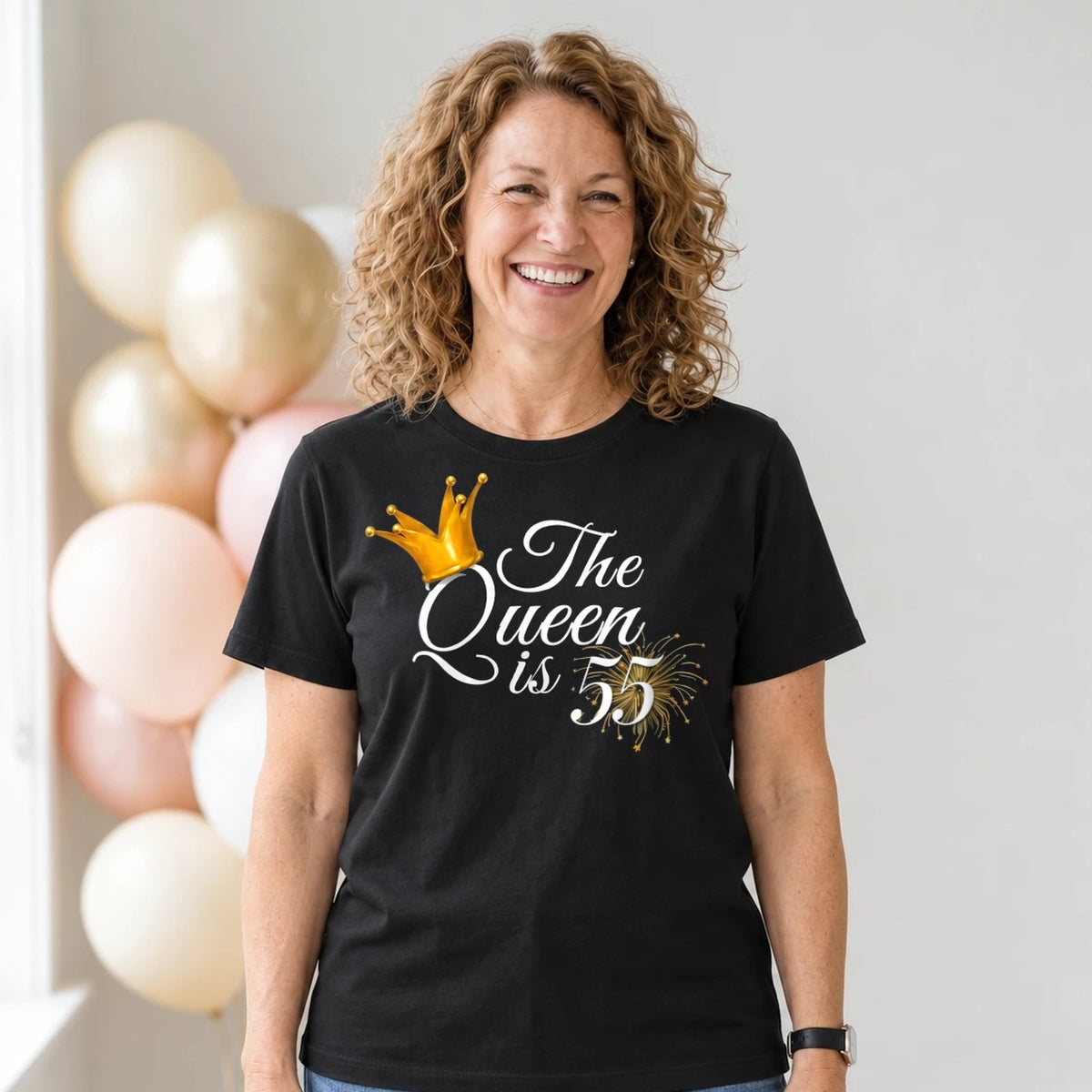 The Queen Is 55 - 55th Birthday Queen T-Shirt for Women - Black Round Neck