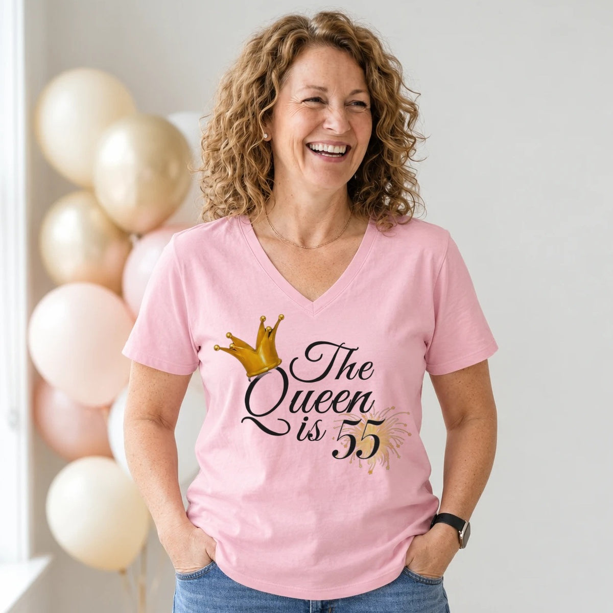 The Queen Is 55 - 55th Birthday Queen T-Shirt for Women - Blush Pink V-Neck
