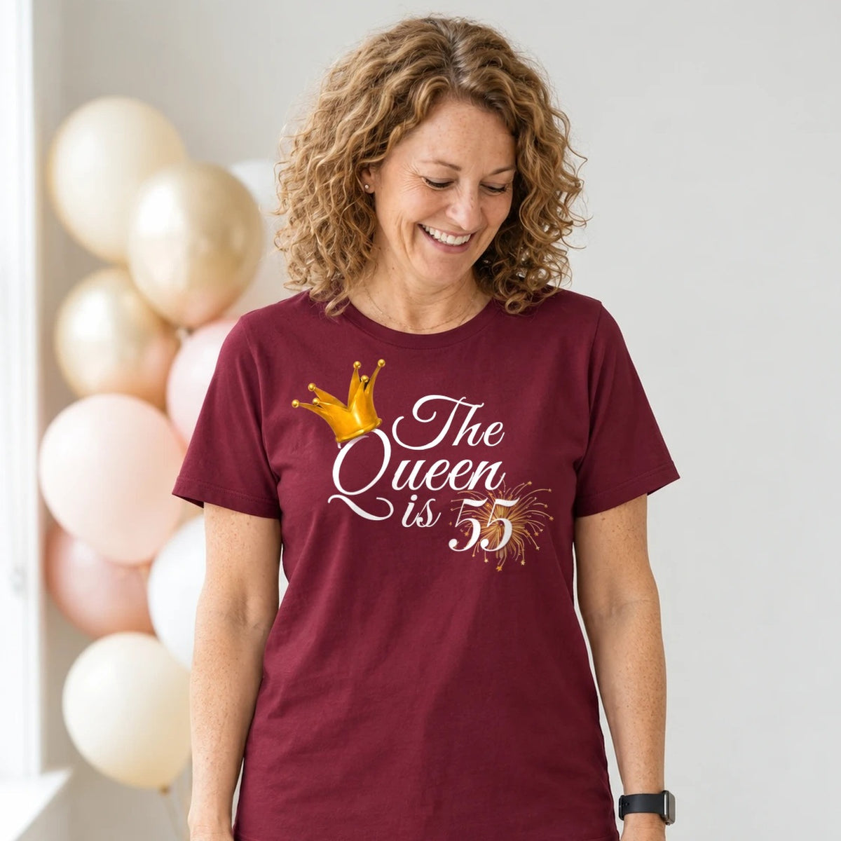 The Queen Is 55 - 55th Birthday Queen T-Shirt for Women - Burgundy Round Neck