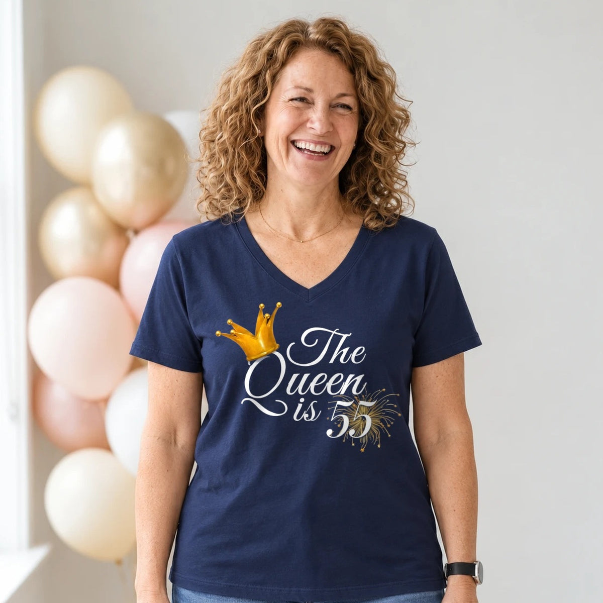 The Queen Is 55 - 55th Birthday Queen T-Shirt for Women - Navy Blue V-Neck