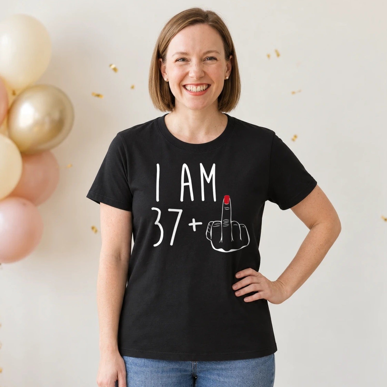 I Am 37 + Middle Finger - Funny 38th Birthday T-Shirt for Women - Black Round Neck