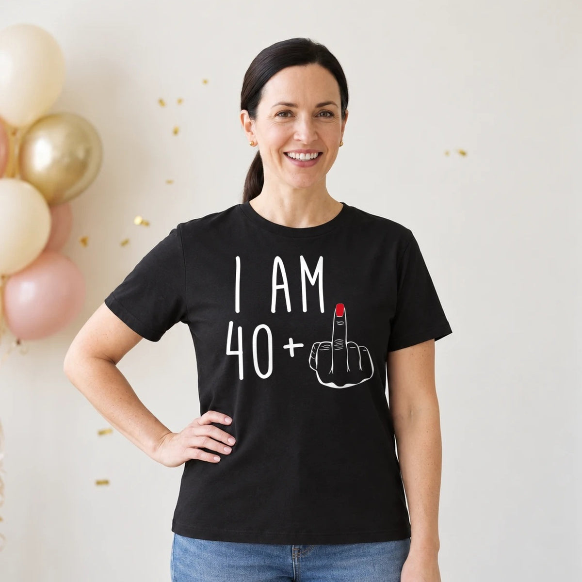 I Am 40 + Middle Finger - Funny 41st Birthday T-Shirt for Women - Black Round Neck