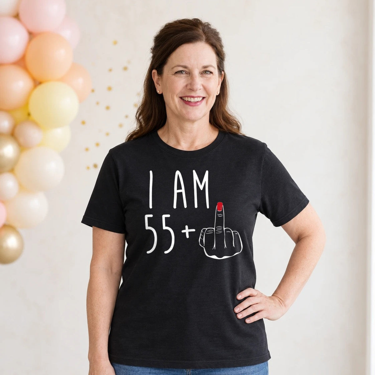 I Am 55 + Middle Finger - Funny 56th Birthday T-Shirt for Women - Black Round Neck