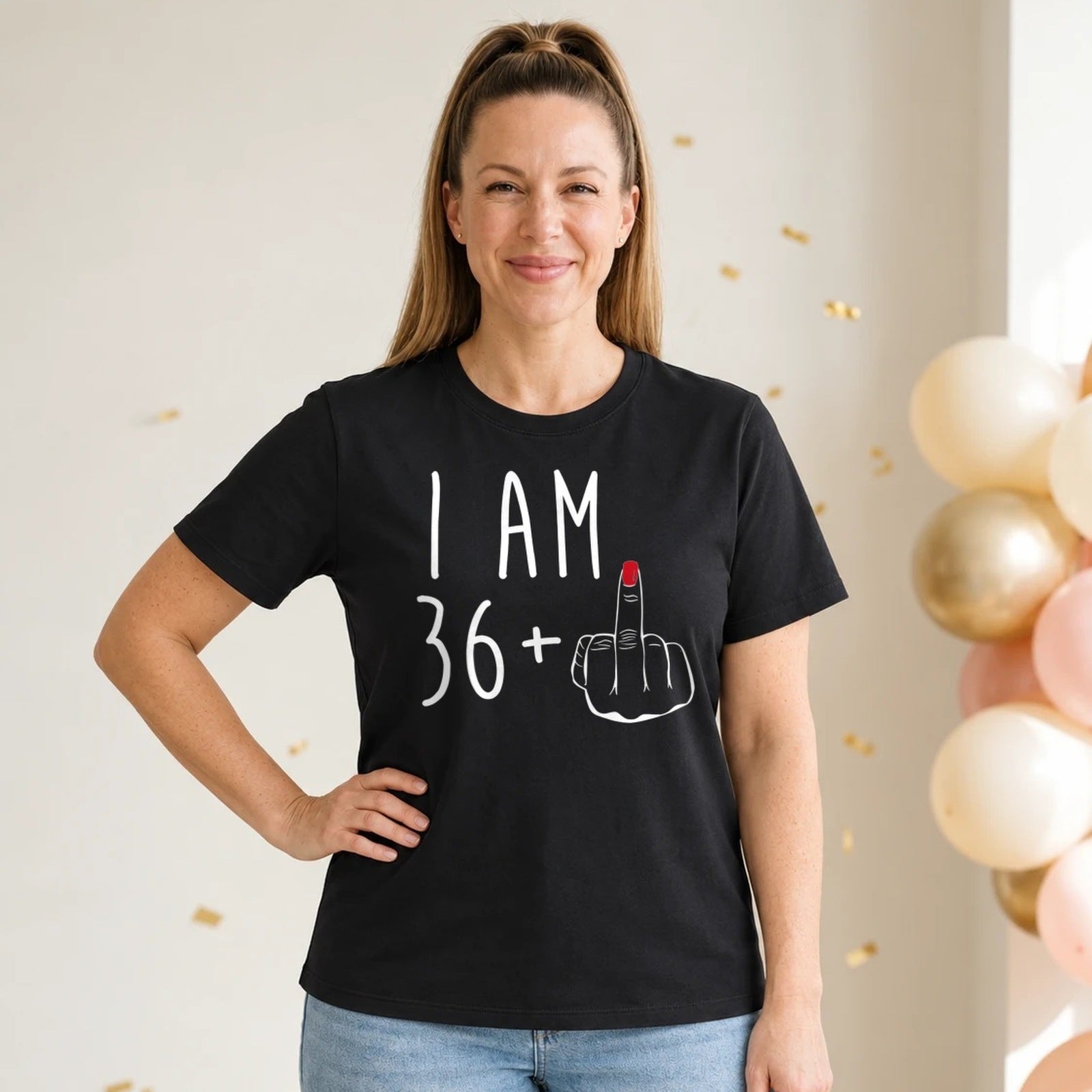 I Am 36 + Middle Finger - Funny 37th Birthday T-Shirt for Women - Black Round Neck