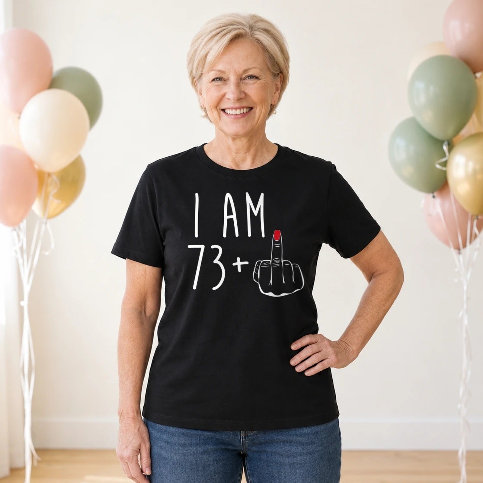 I Am 73 + Middle Finger - Funny 74th Birthday T-Shirt for Women - Black Round Neck