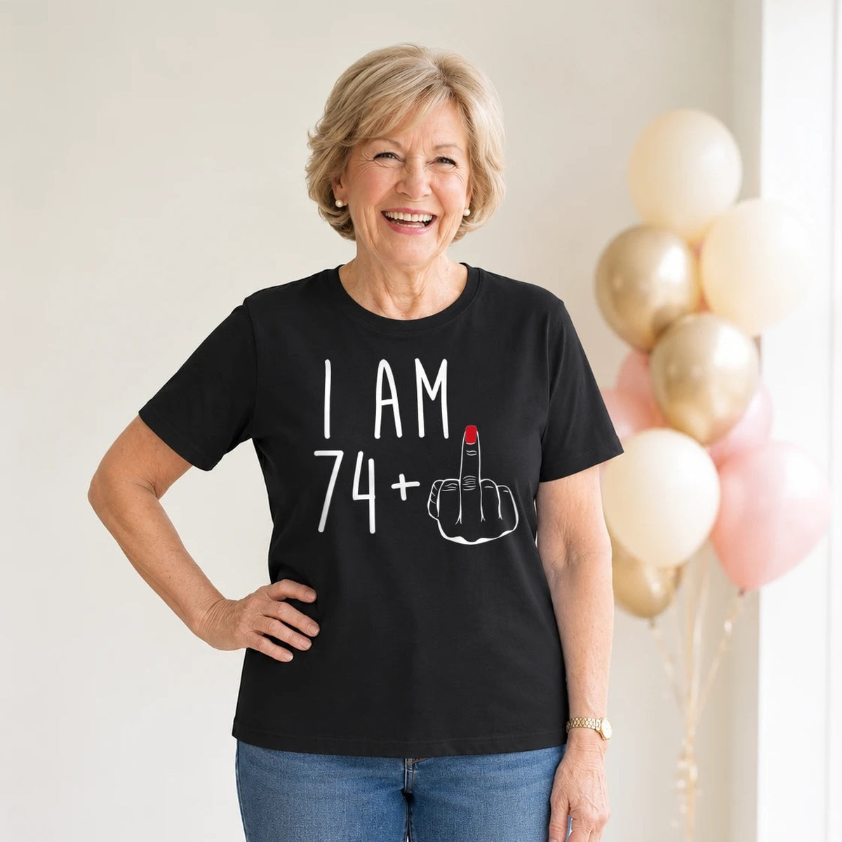 I Am 74 + Middle Finger - Funny 75th Birthday T-Shirt for Women - Black Round Neck