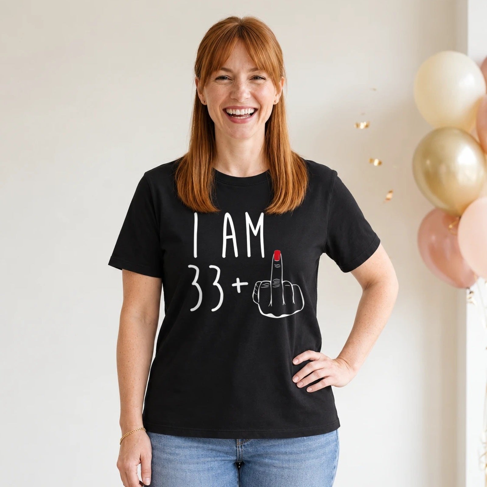 I Am 33 + Middle Finger - Funny 34th Birthday T-Shirt for Women - Black Round Neck
