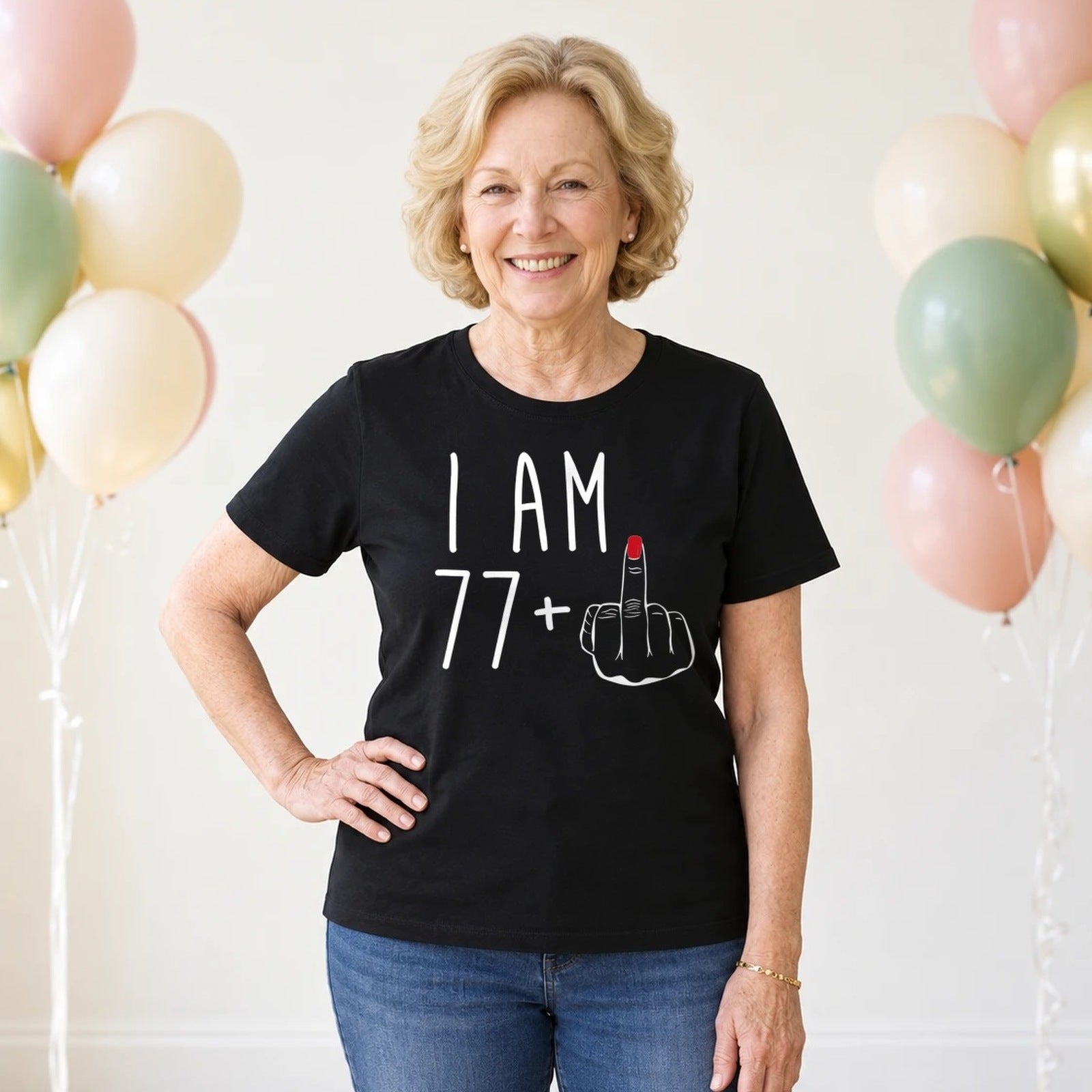 I Am 77 + Middle Finger - Funny 78th Birthday T-Shirt for Women - Black Round Neck