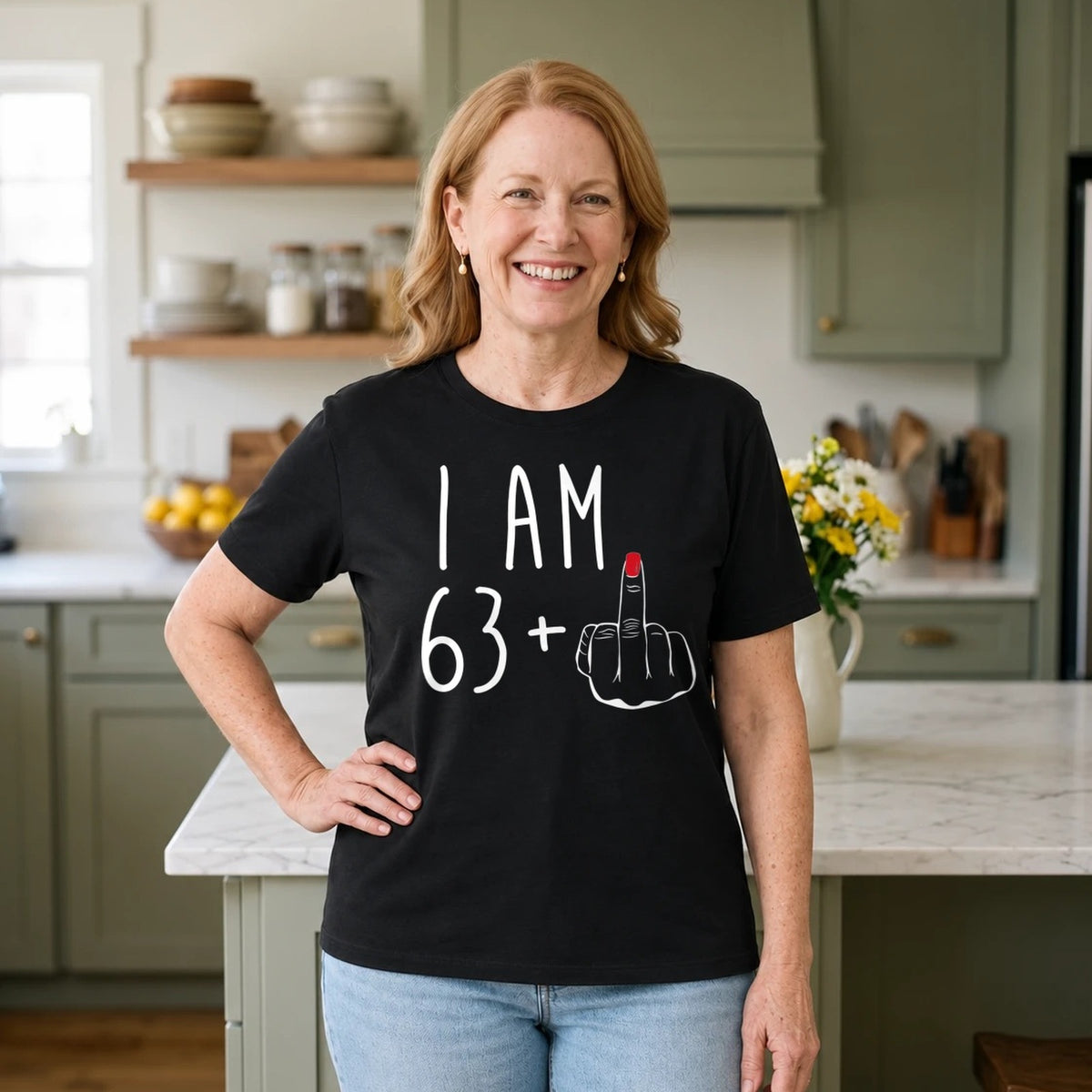 I Am 63 + Middle Finger - Funny 64th Birthday T-Shirt for Women - Black Round Neck