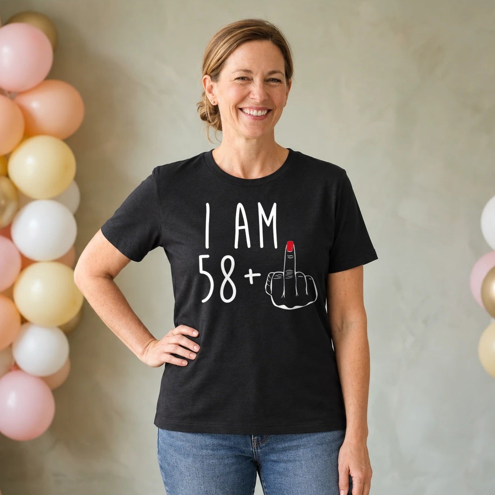 I Am 58 + Middle Finger - Funny 59th Birthday T-Shirt for Women - Black Round Neck