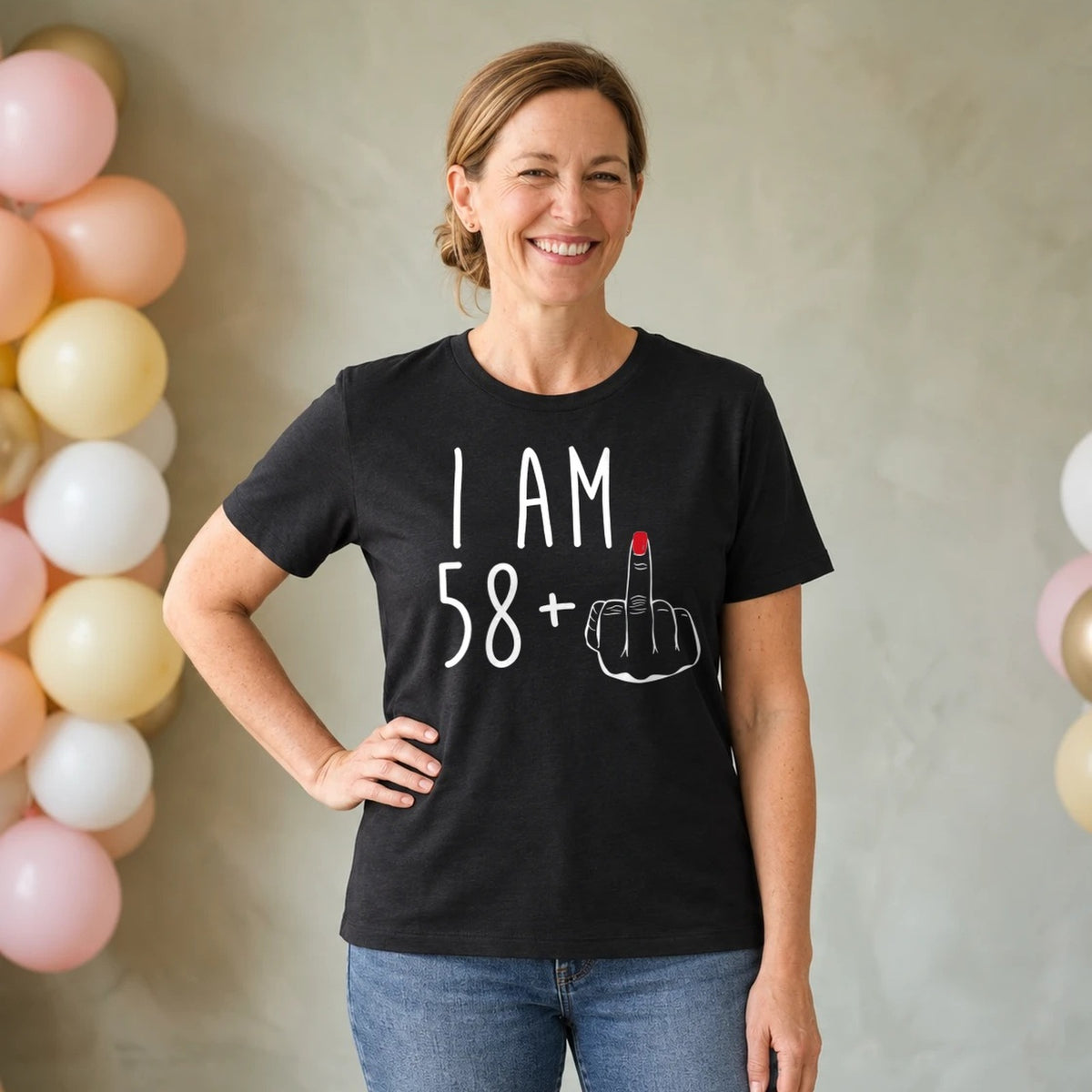 I Am 58 + Middle Finger - Funny 59th Birthday T-Shirt for Women - Black Round Neck