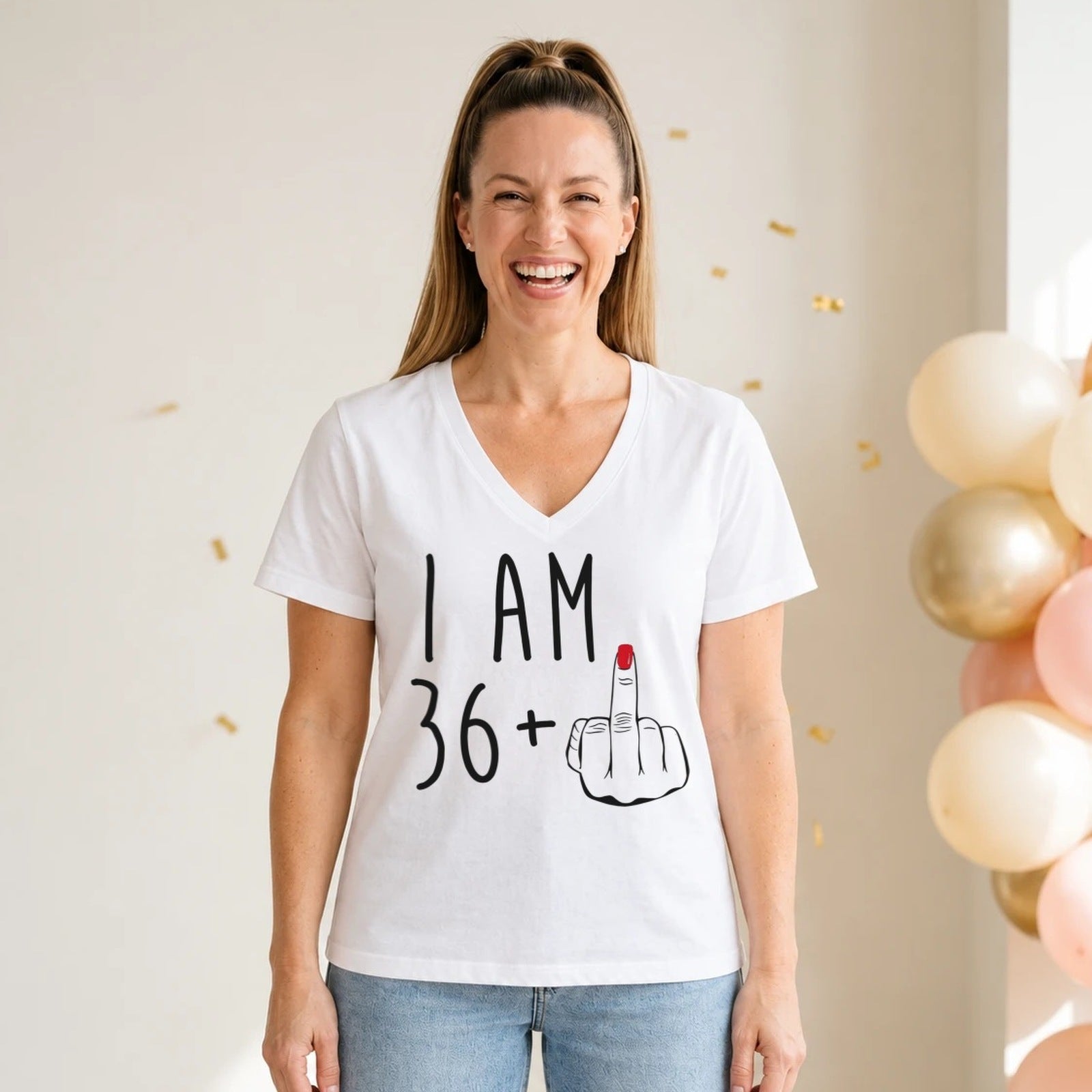I Am 36 + Middle Finger - Funny 37th Birthday T-Shirt for Women - White V-Neck
