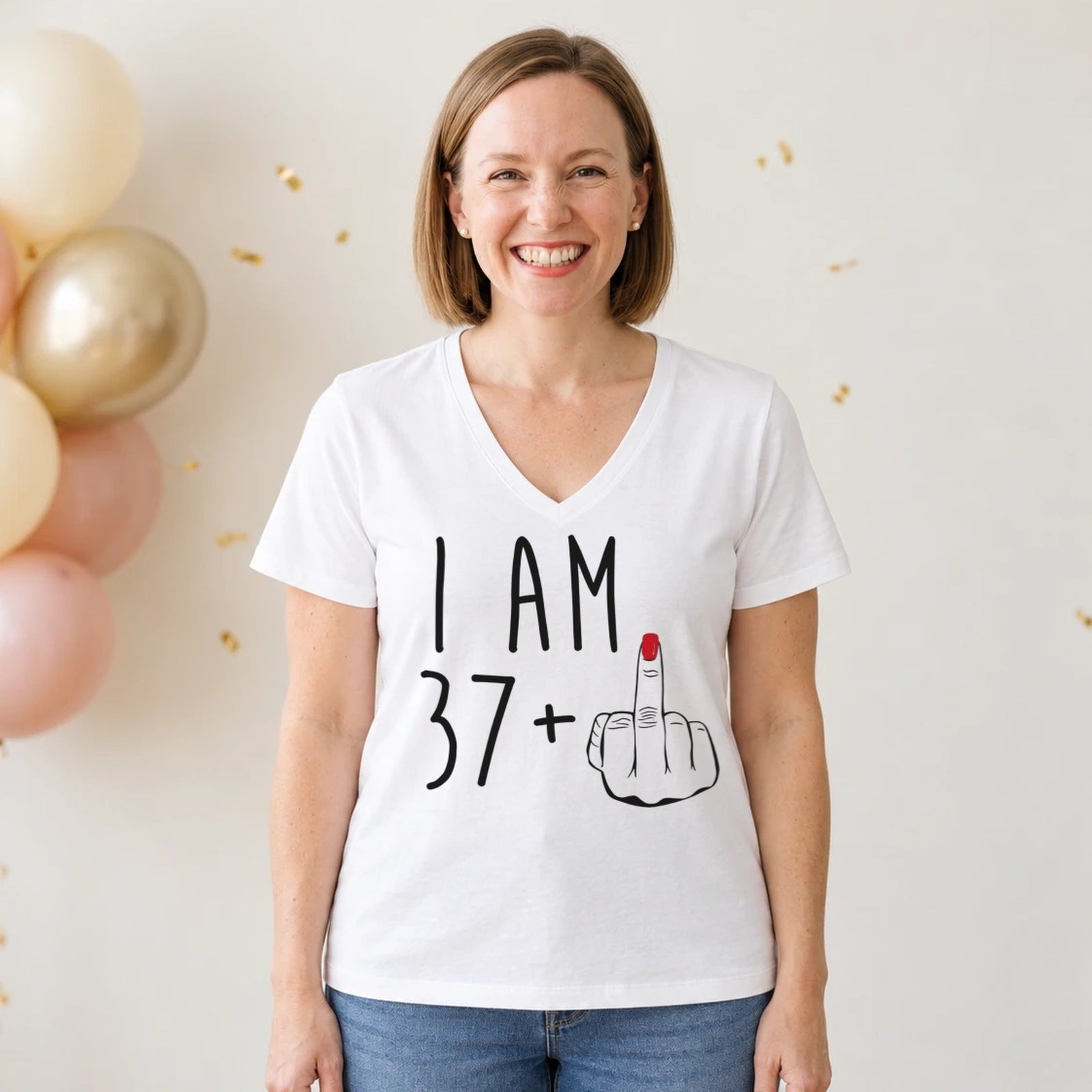 I Am 37 + Middle Finger - Funny 38th Birthday T-Shirt for Women - White V-Neck