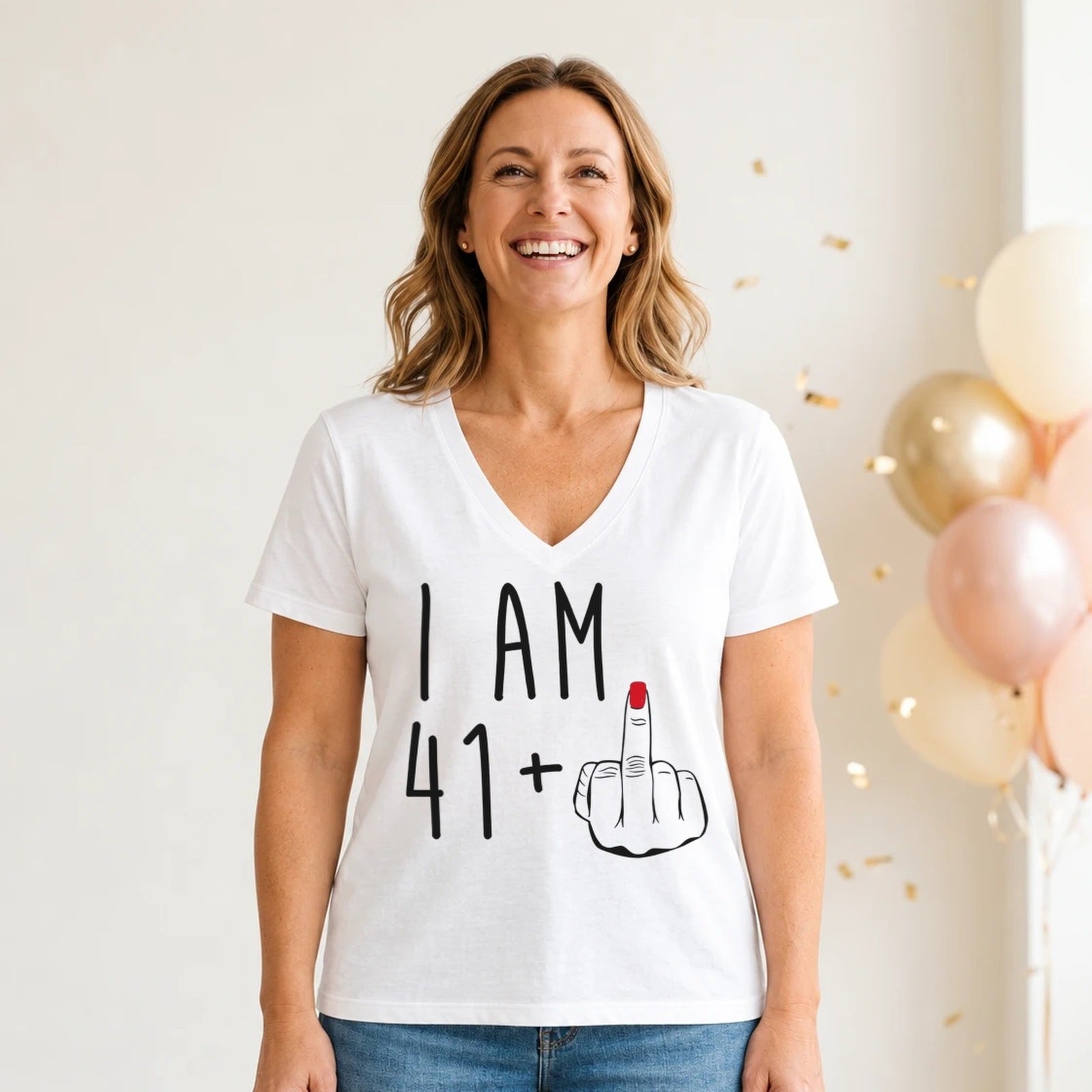 I Am 41 + Middle Finger - Funny 42nd Birthday T-Shirt for Women - White V-Neck